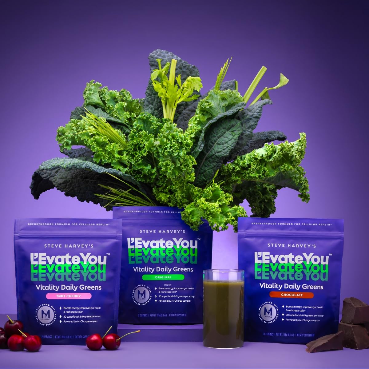 Steve Harvey's L'Evate You Vitality Daily Greens 200g Chocolate packaging on a kitchen counter