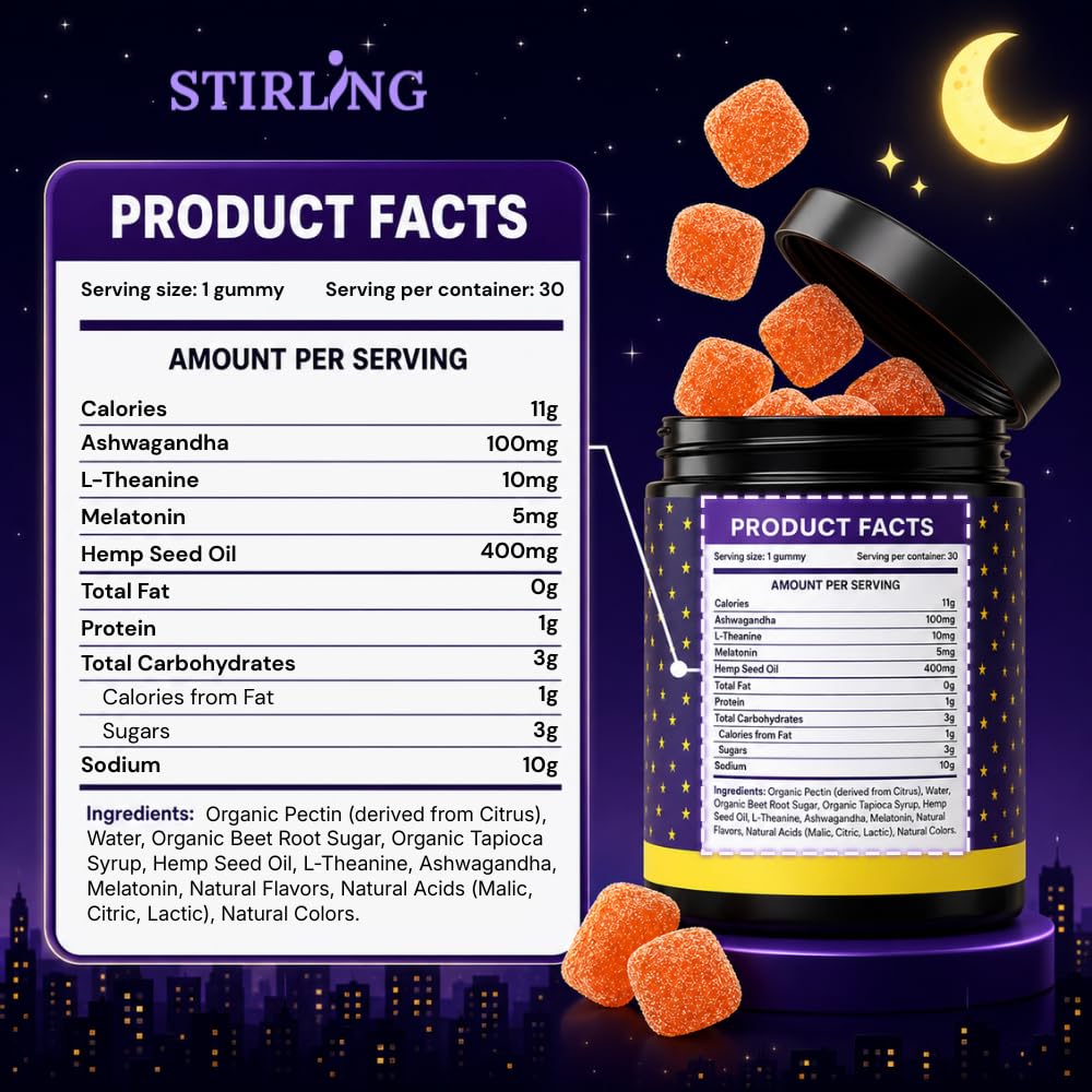 STIRLING Hemp Sleep Gummies nutritional information on the label
