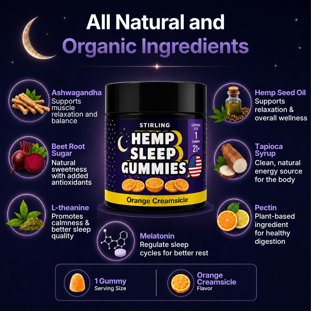 STIRLING Hemp Sleep Gummies with a hand holding one gummy