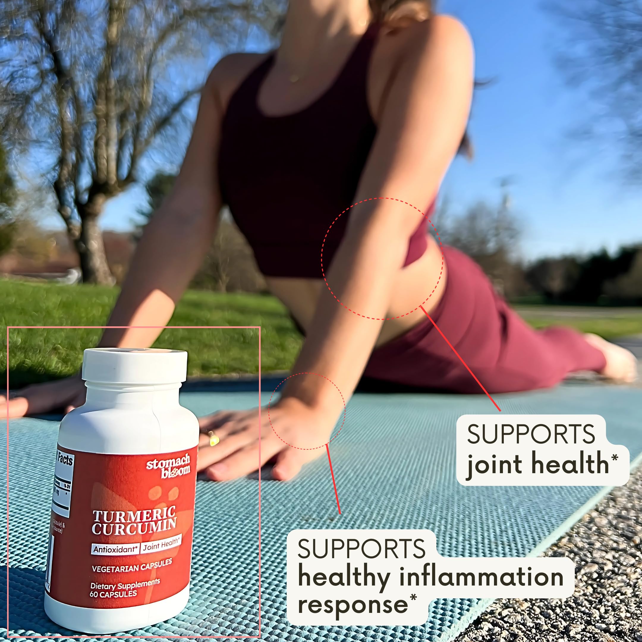 Stomach Bloom Turmeric Curcumin Capsules with a measuring spoon