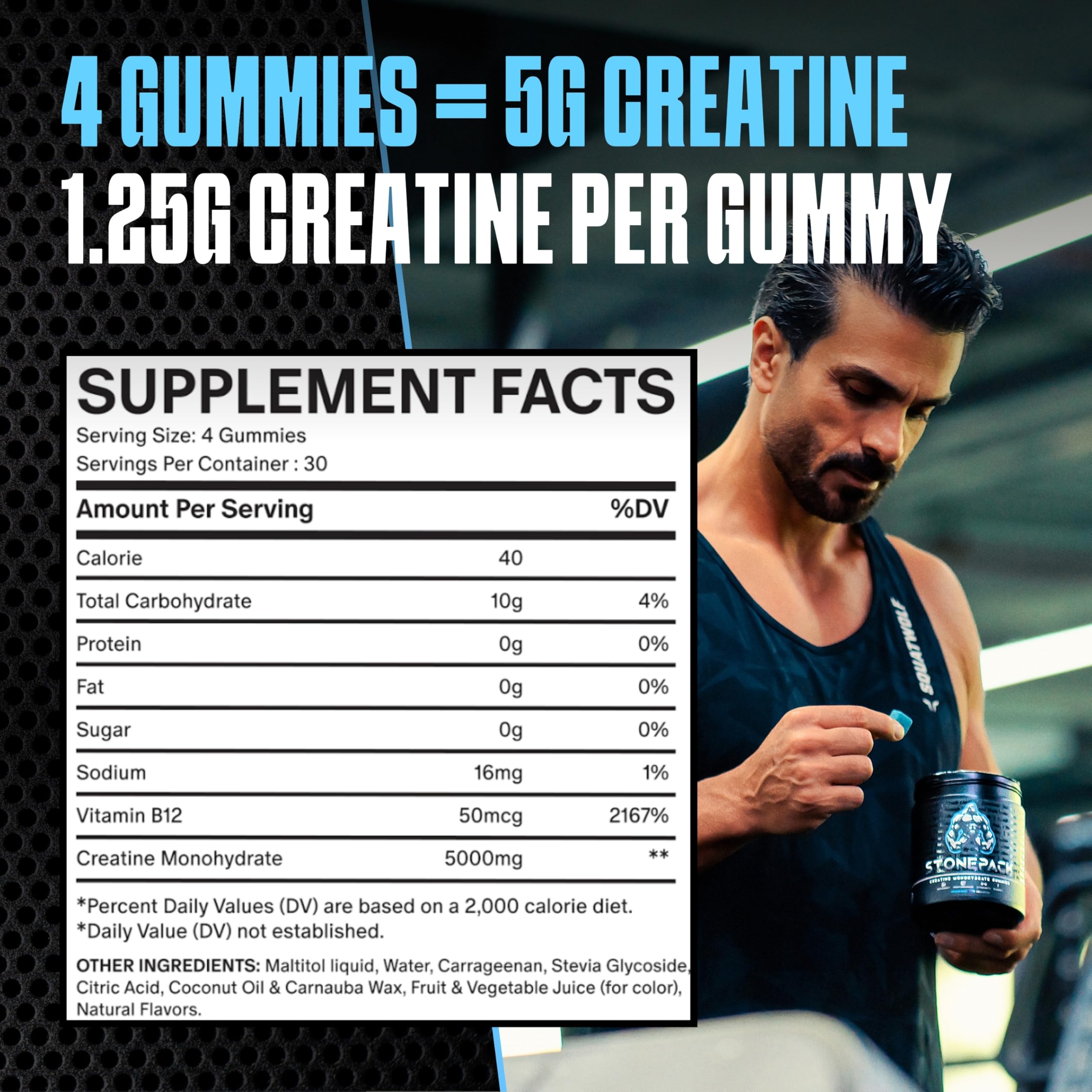 STONEPACK Creatine Gummies Blue Raspberry flavour on a table