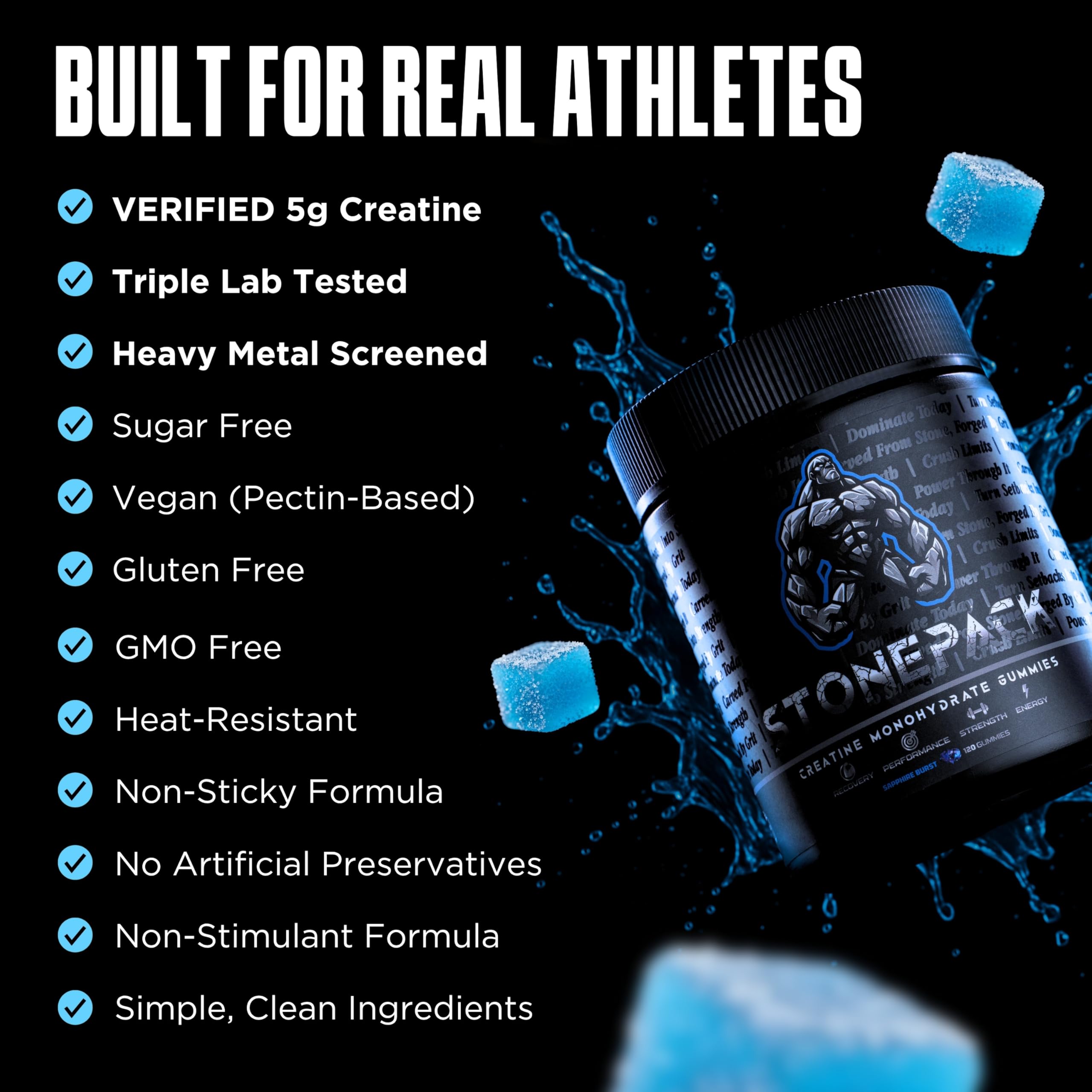 STONEPACK Creatine Gummies with a glass of water