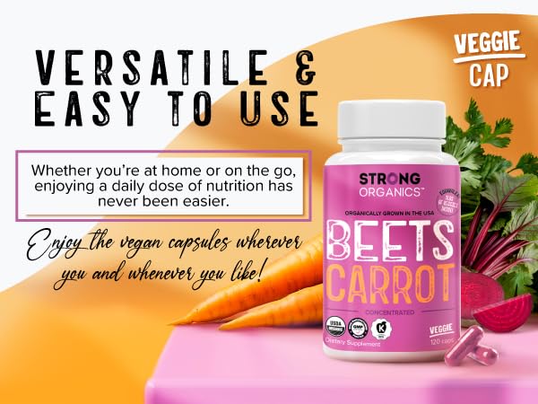 Strong Organics Beet & Carrot Juice Powder Capsules with measuring spoon