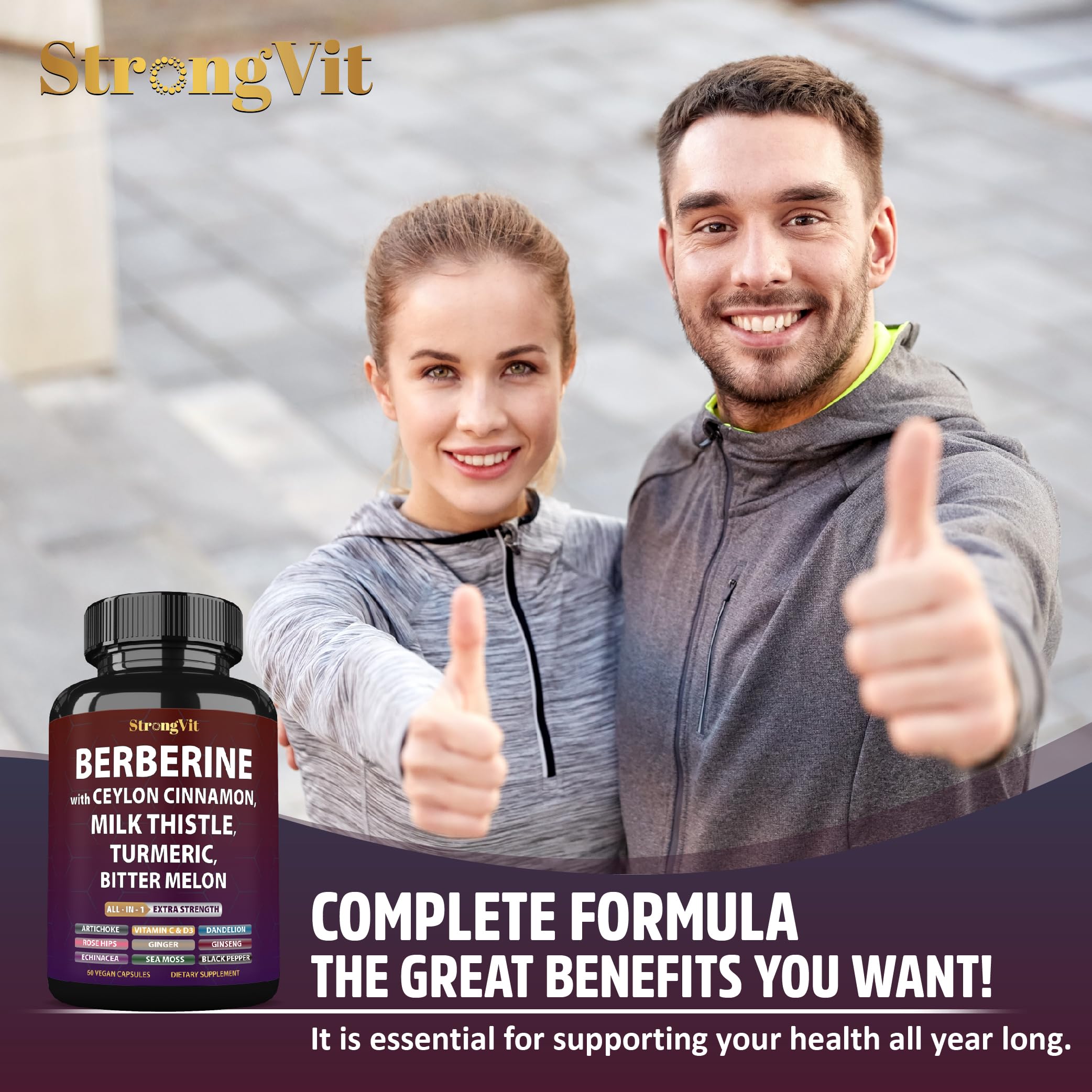 StrongVit Berberine HCL Complex Fusion supplement capsules on a wooden table