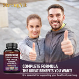 StrongVit Berberine HCL Complex Fusion supplement capsules on a wooden table