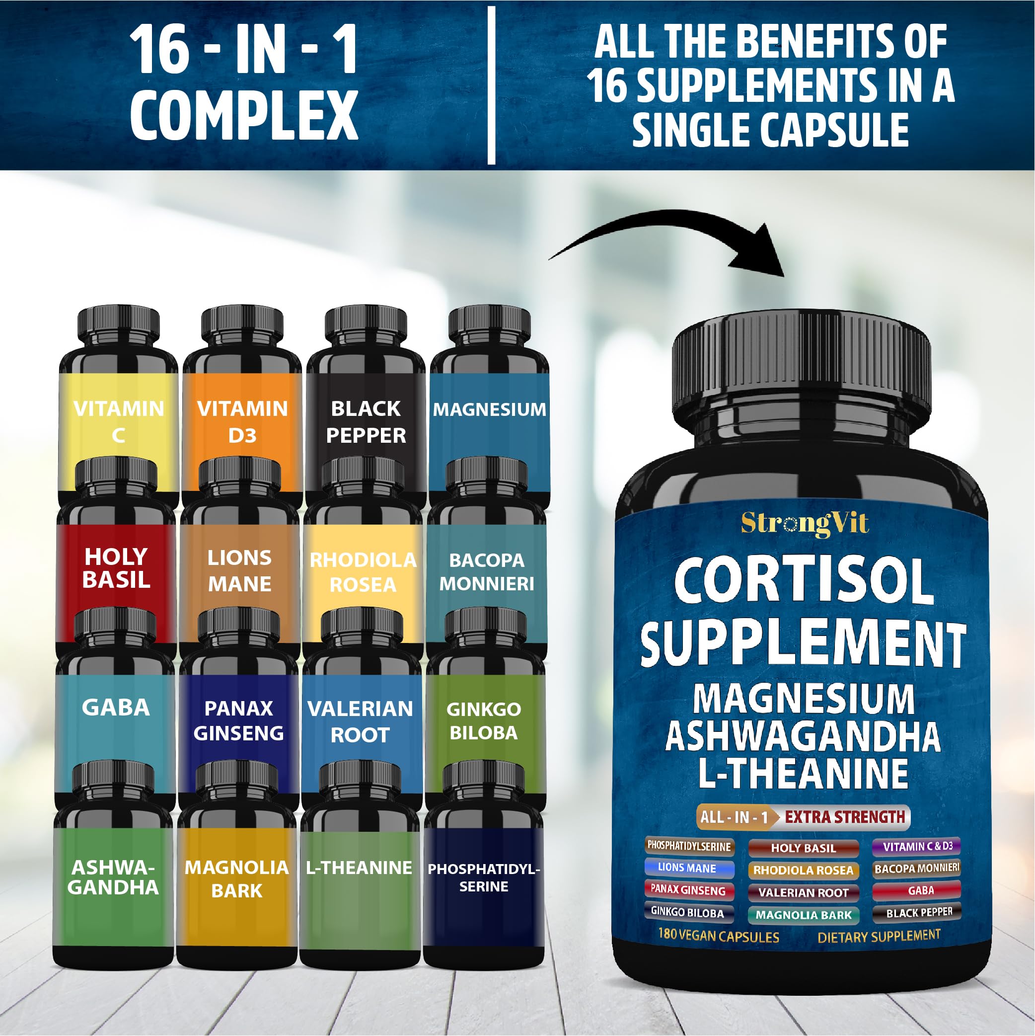 StrongVit Cortisol Supplements on a wooden table