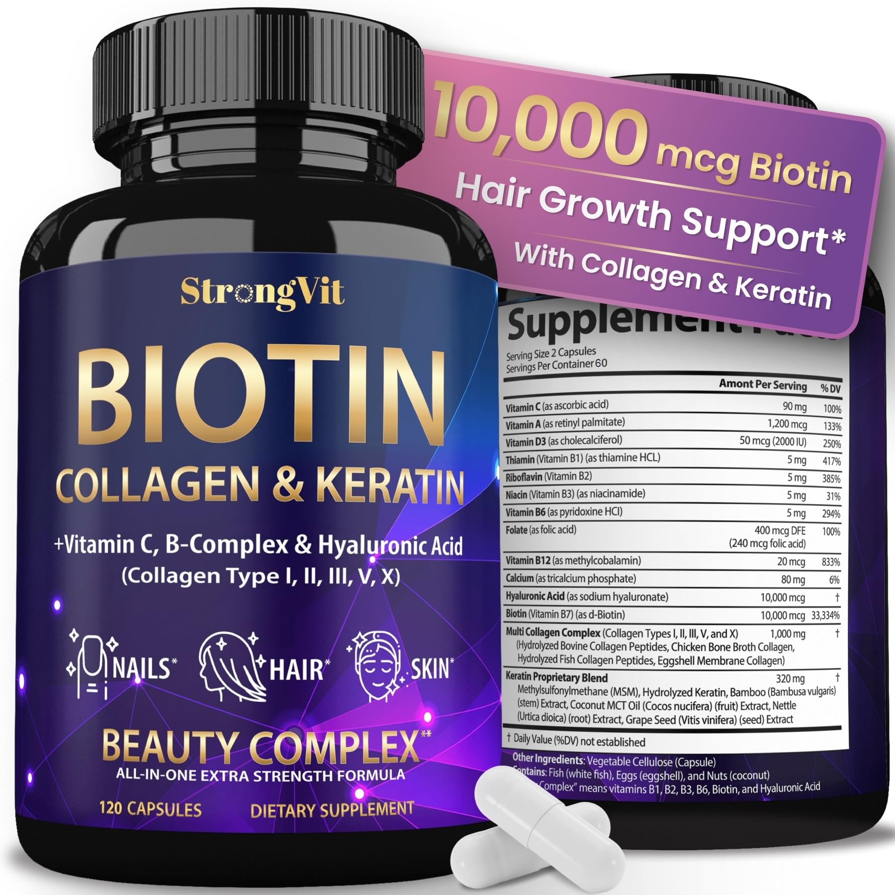 StrongVit Extra Strength Biotin Supplement front view with 60 capsules
