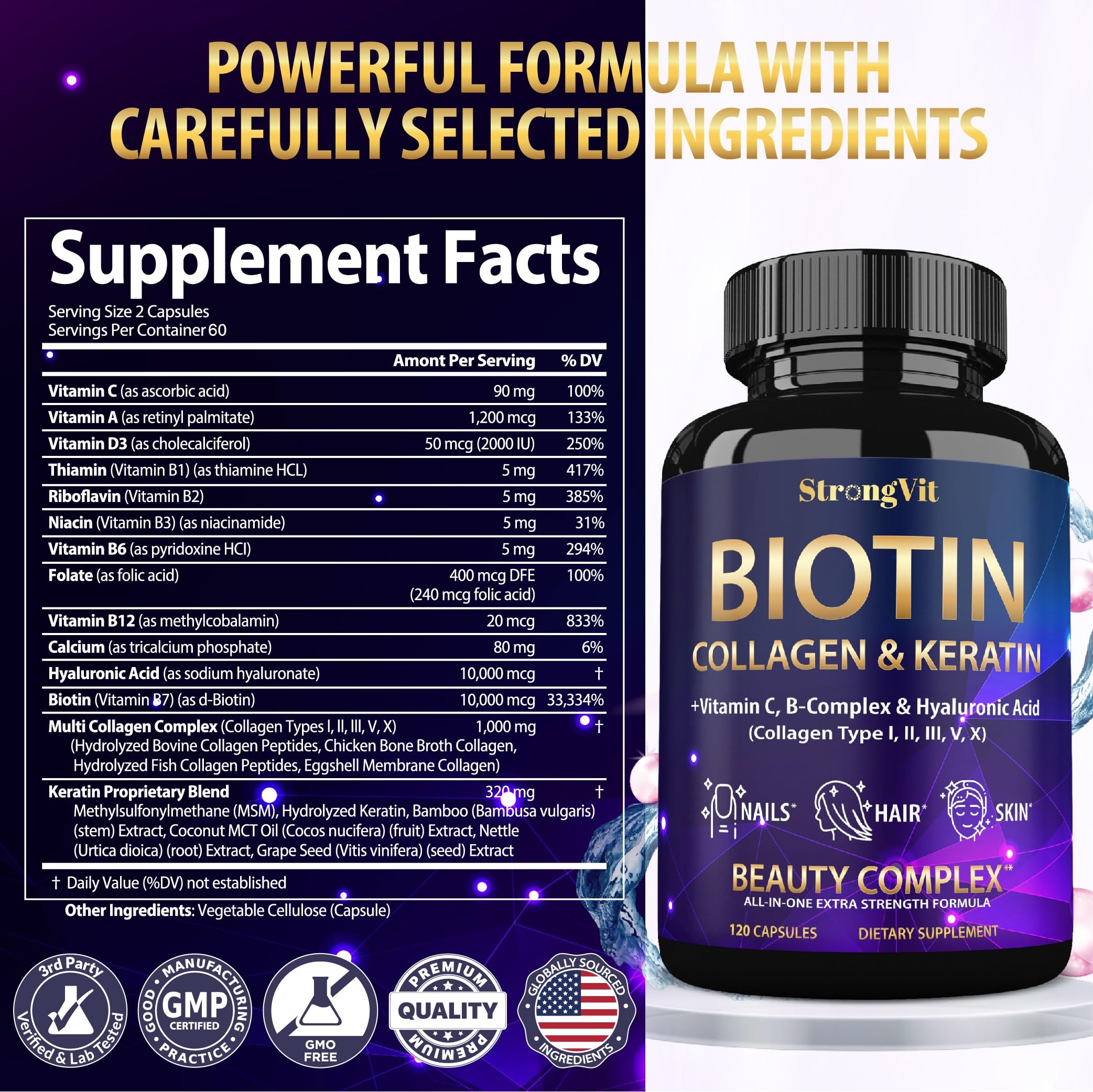 StrongVit Extra Strength Biotin Supplement packaging and bottle top view