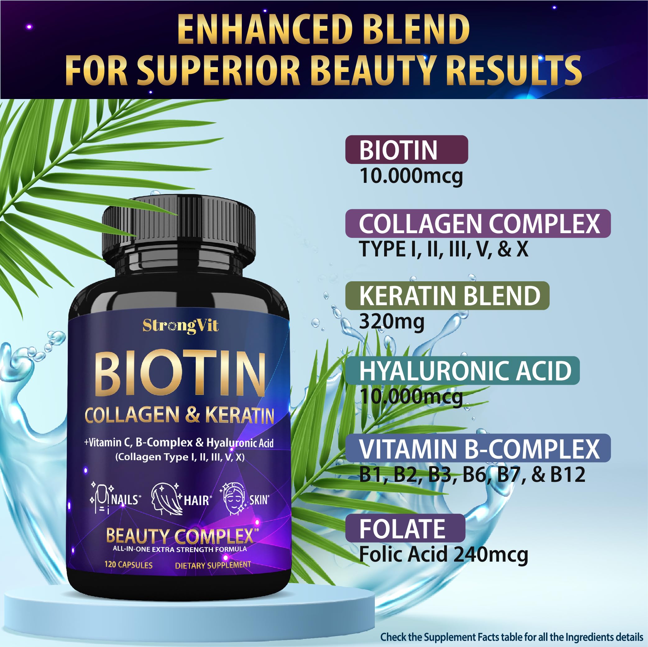 StrongVit Extra Strength Biotin Supplement side view showing bottle details