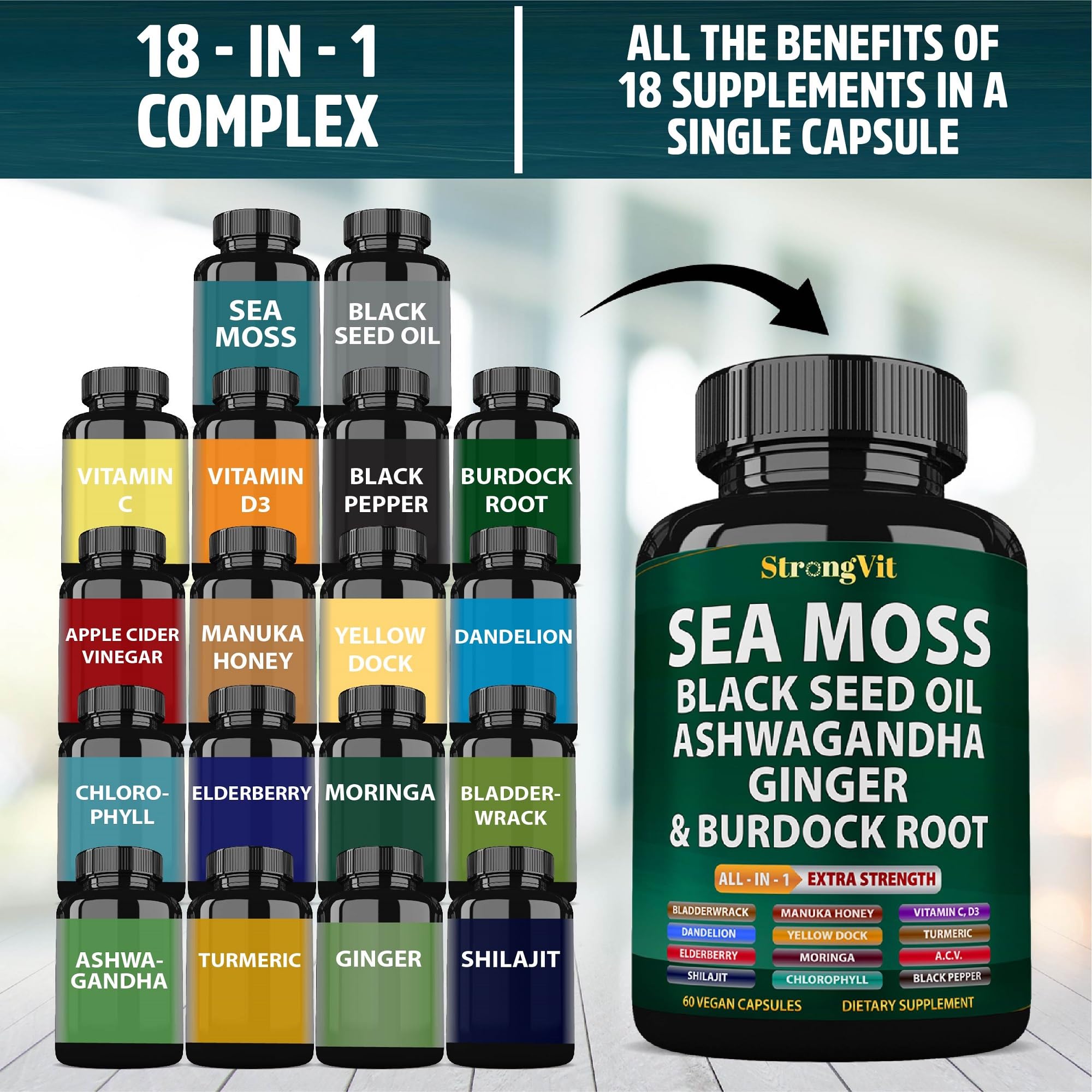 StrongVit Organic Sea Moss Capsules on a wooden table