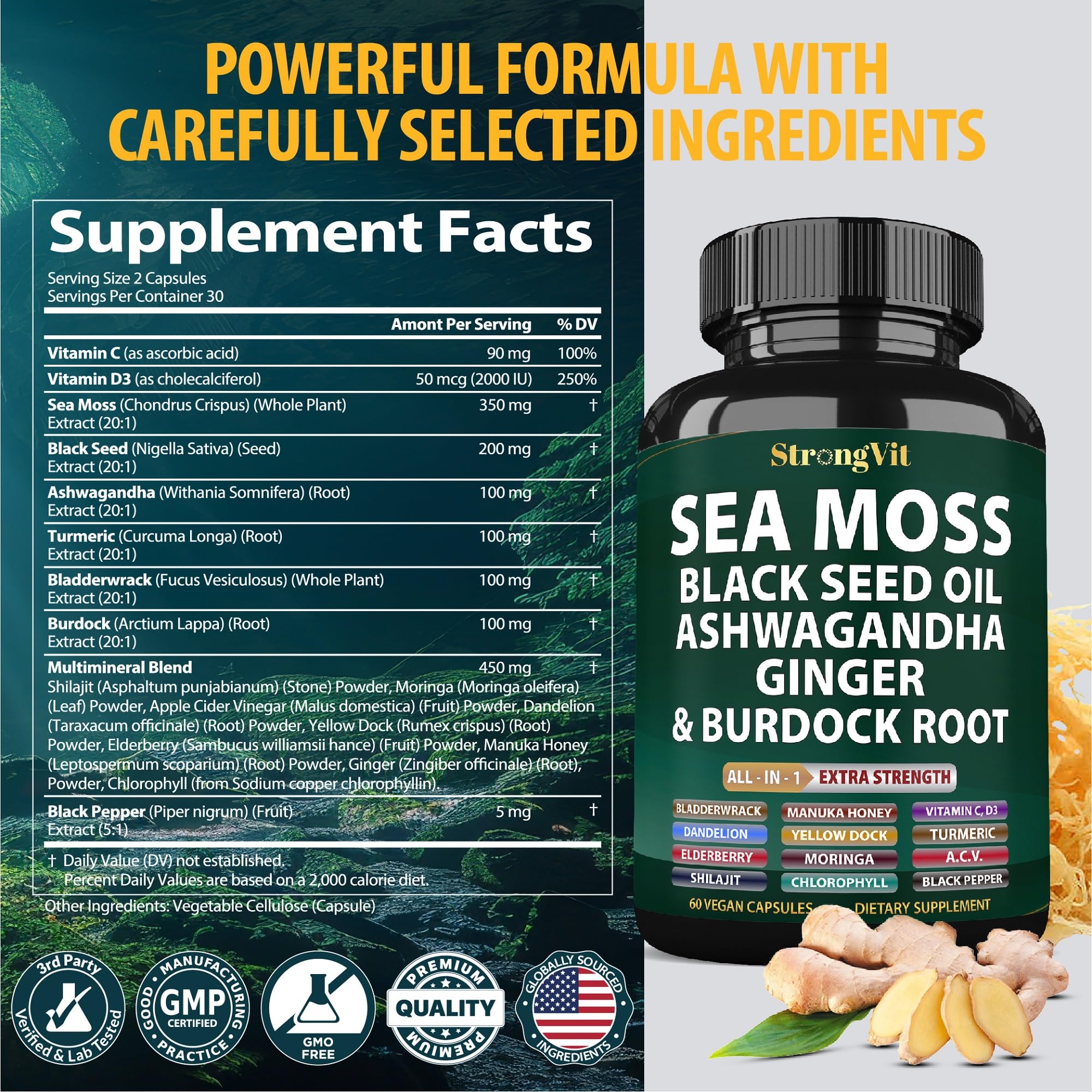 StrongVit Organic Sea Moss Capsules with measuring spoon