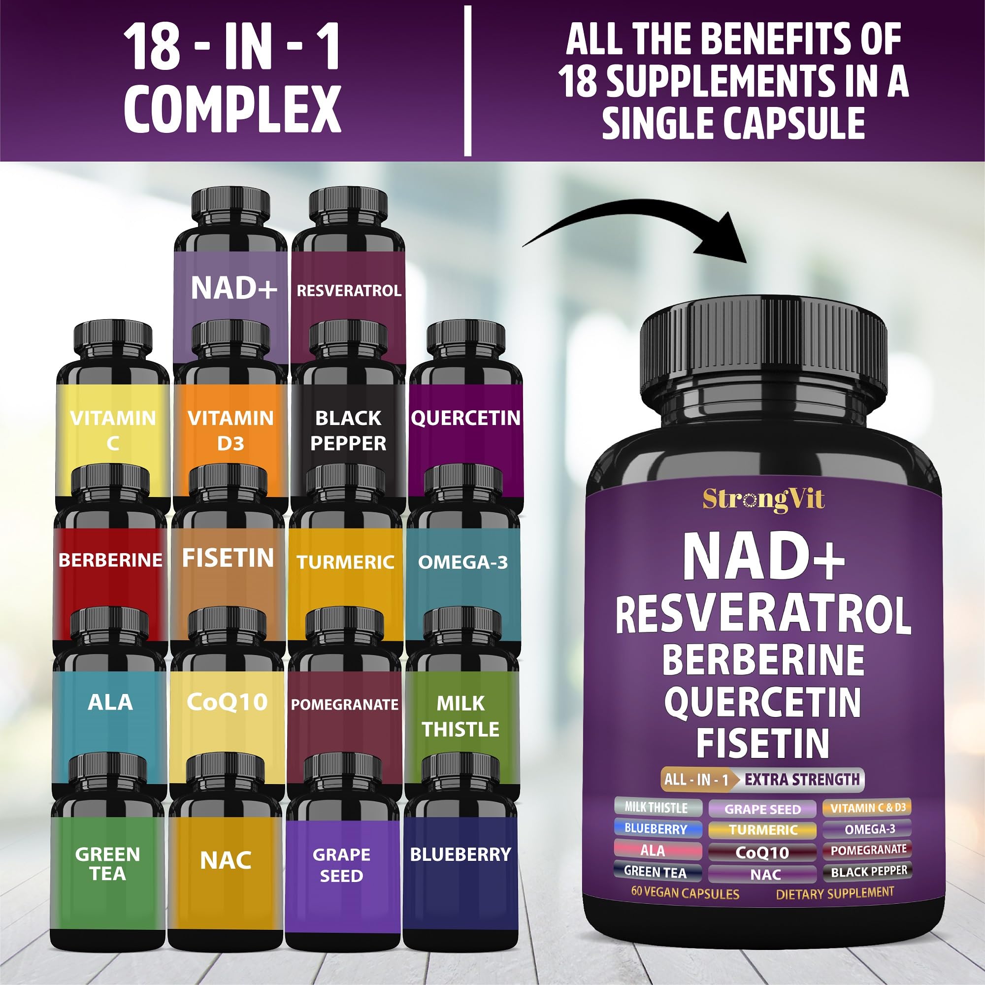 StrongVit Resveratrol 18-in-1 Supplement lifestyle shot with healthy foods