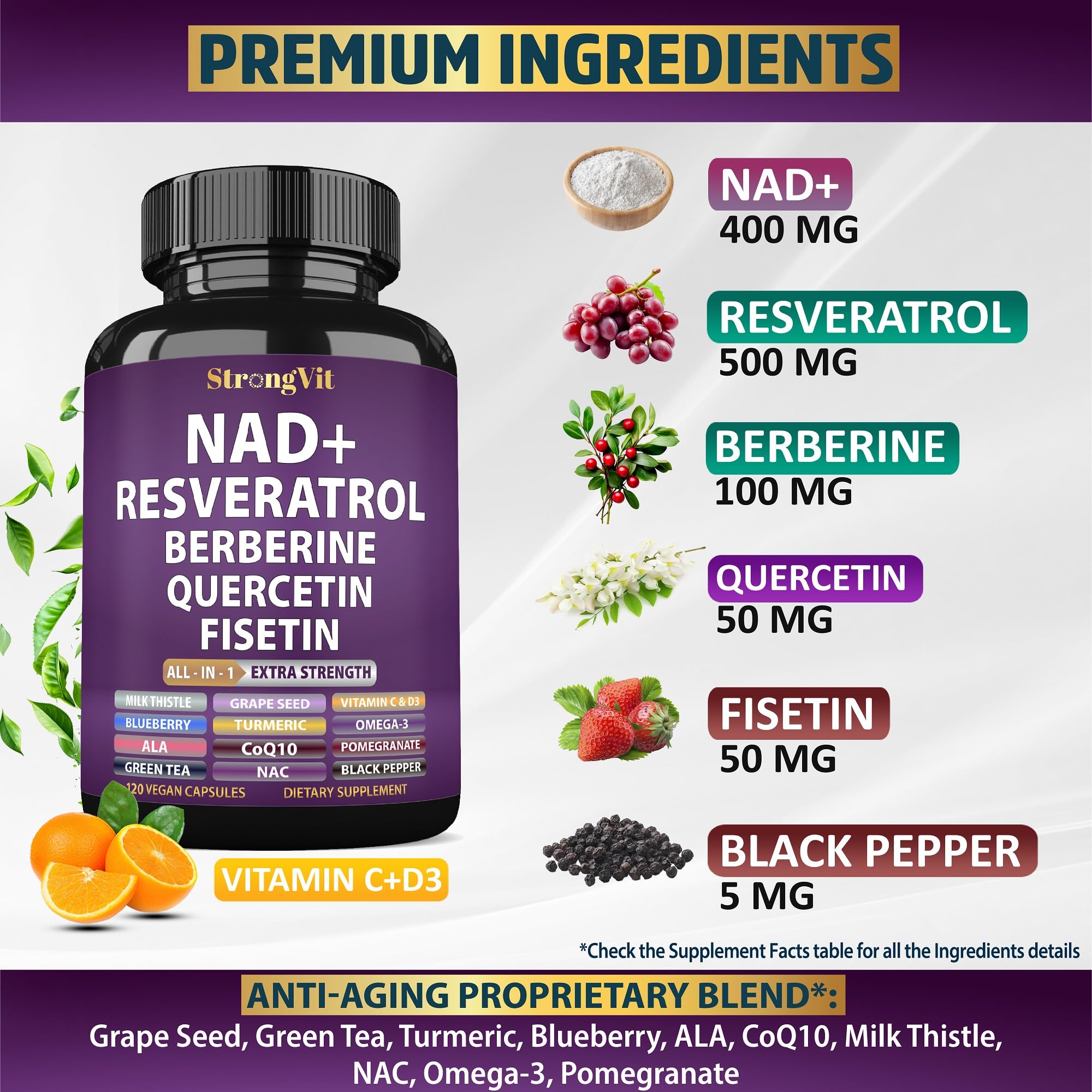 StrongVit Resveratrol 18-in-1 Supplement side view with capsules