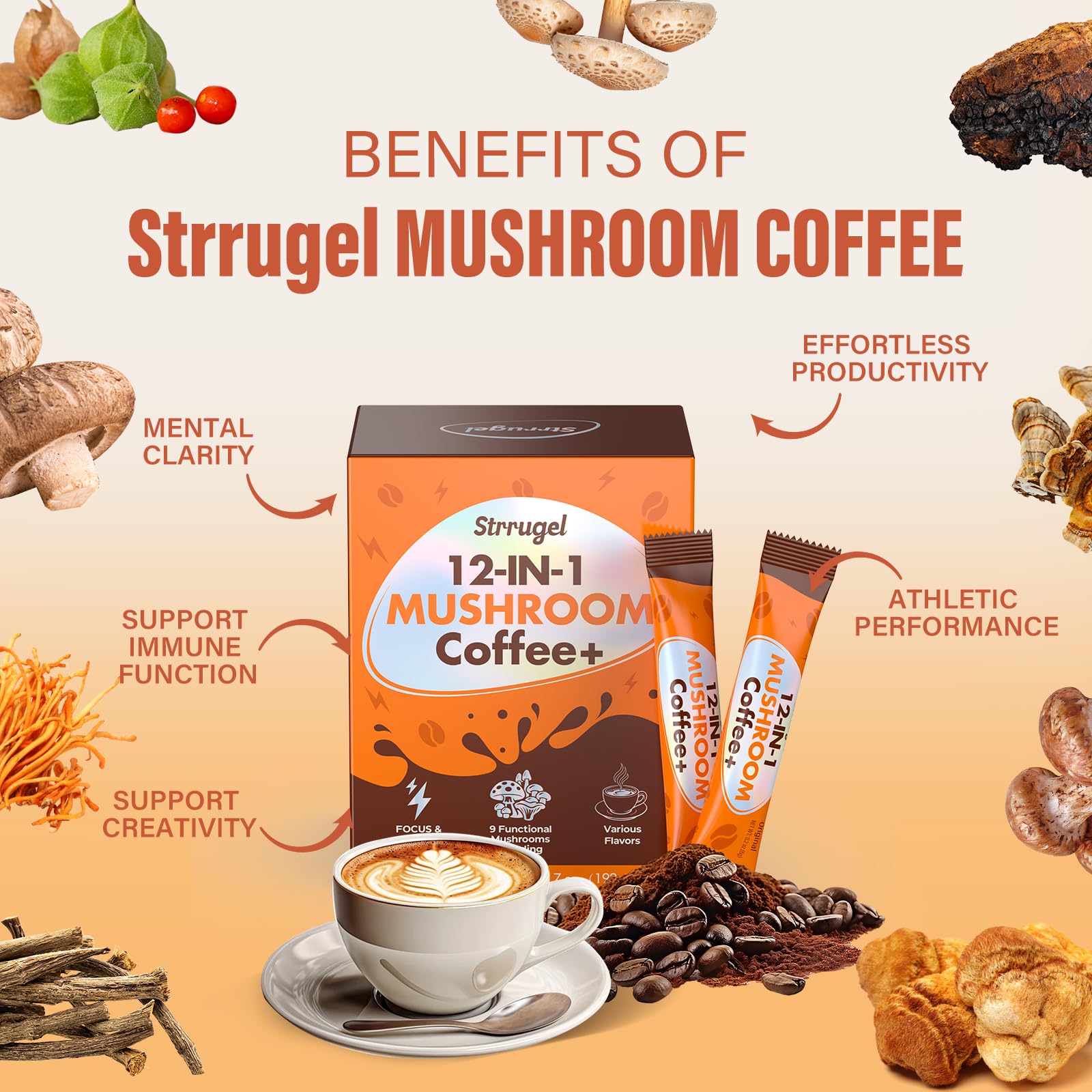 strrugel Mushroom Energy Supplement stick pack in a travel setting