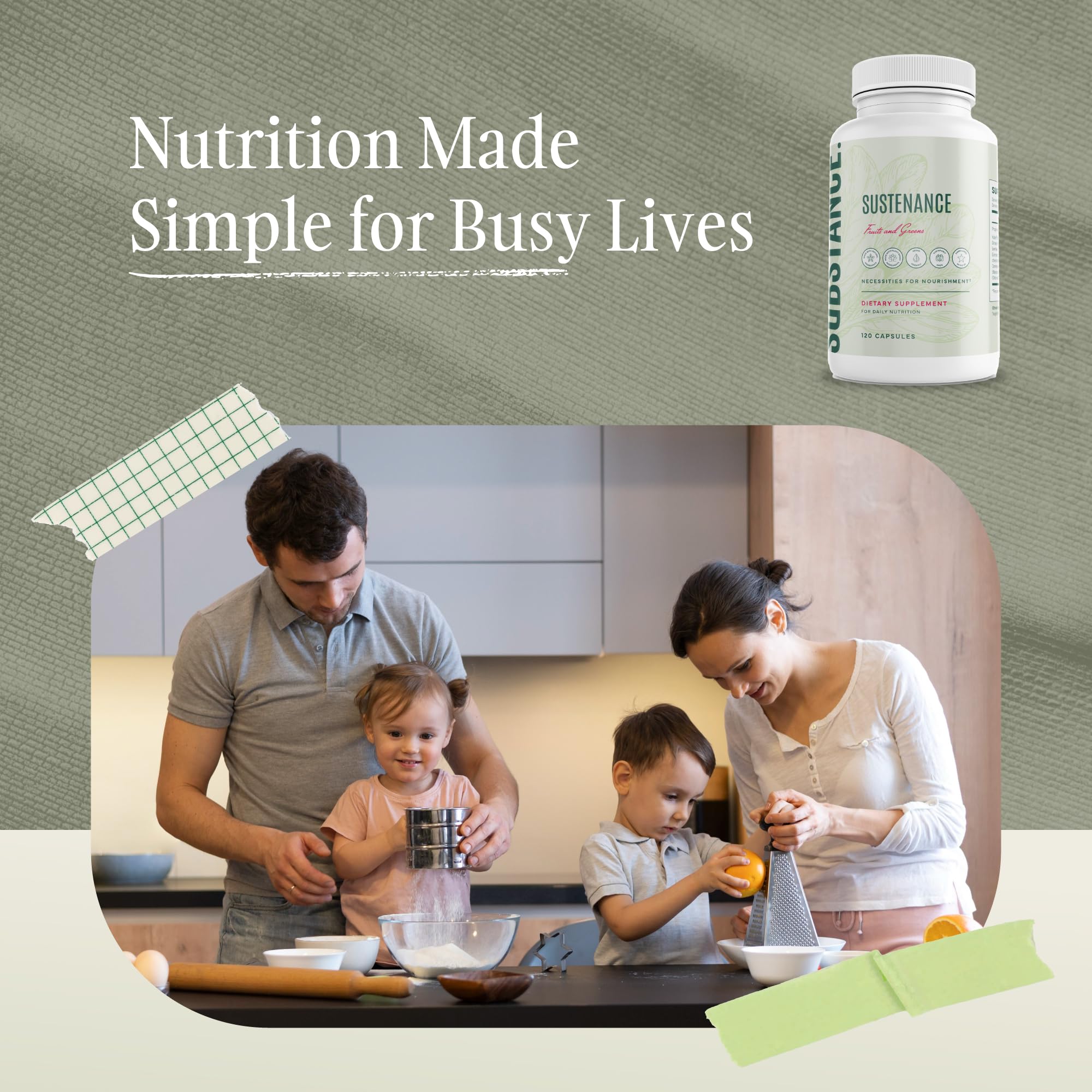 SUBSTANCE. Sustenance Greens Supplement capsules close-up