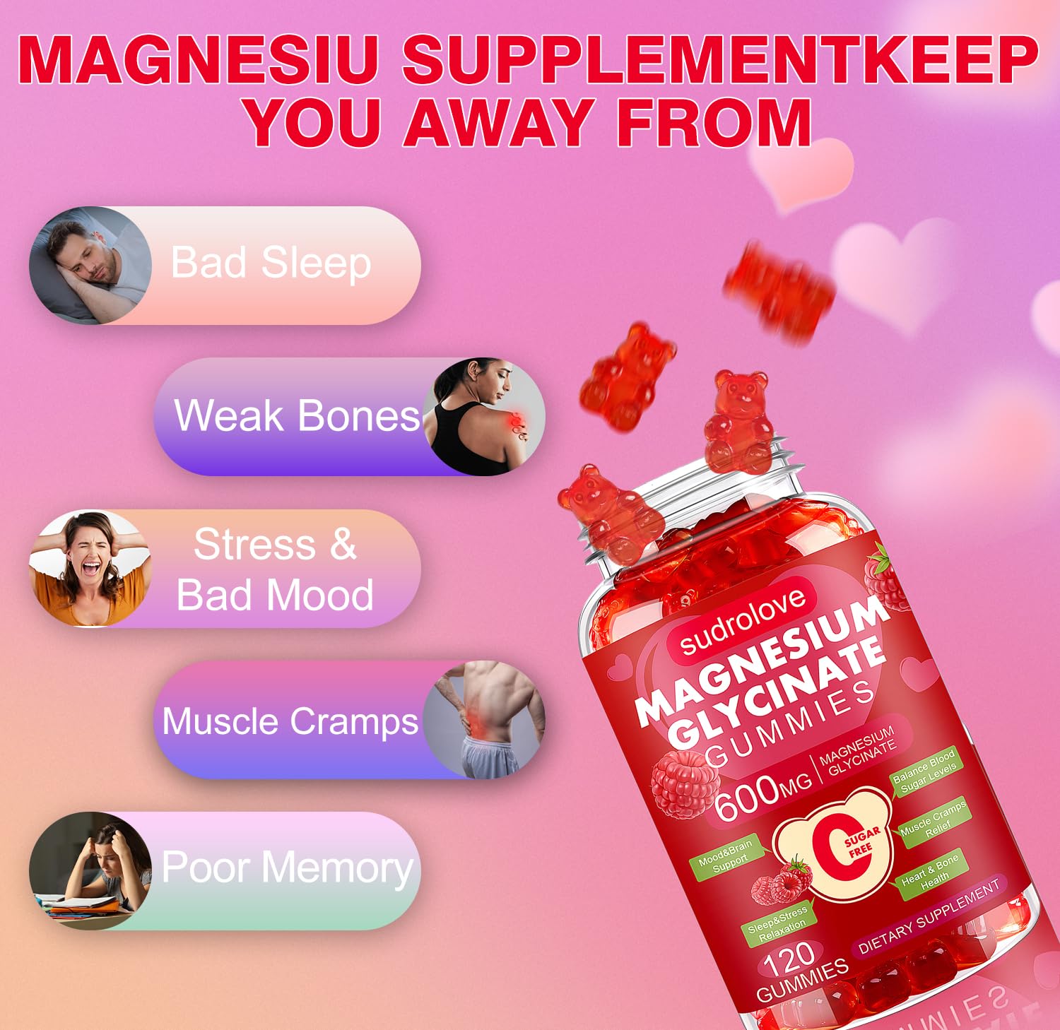sudrolove Magnesium Glycinate Gummies 600mg gummies on a table