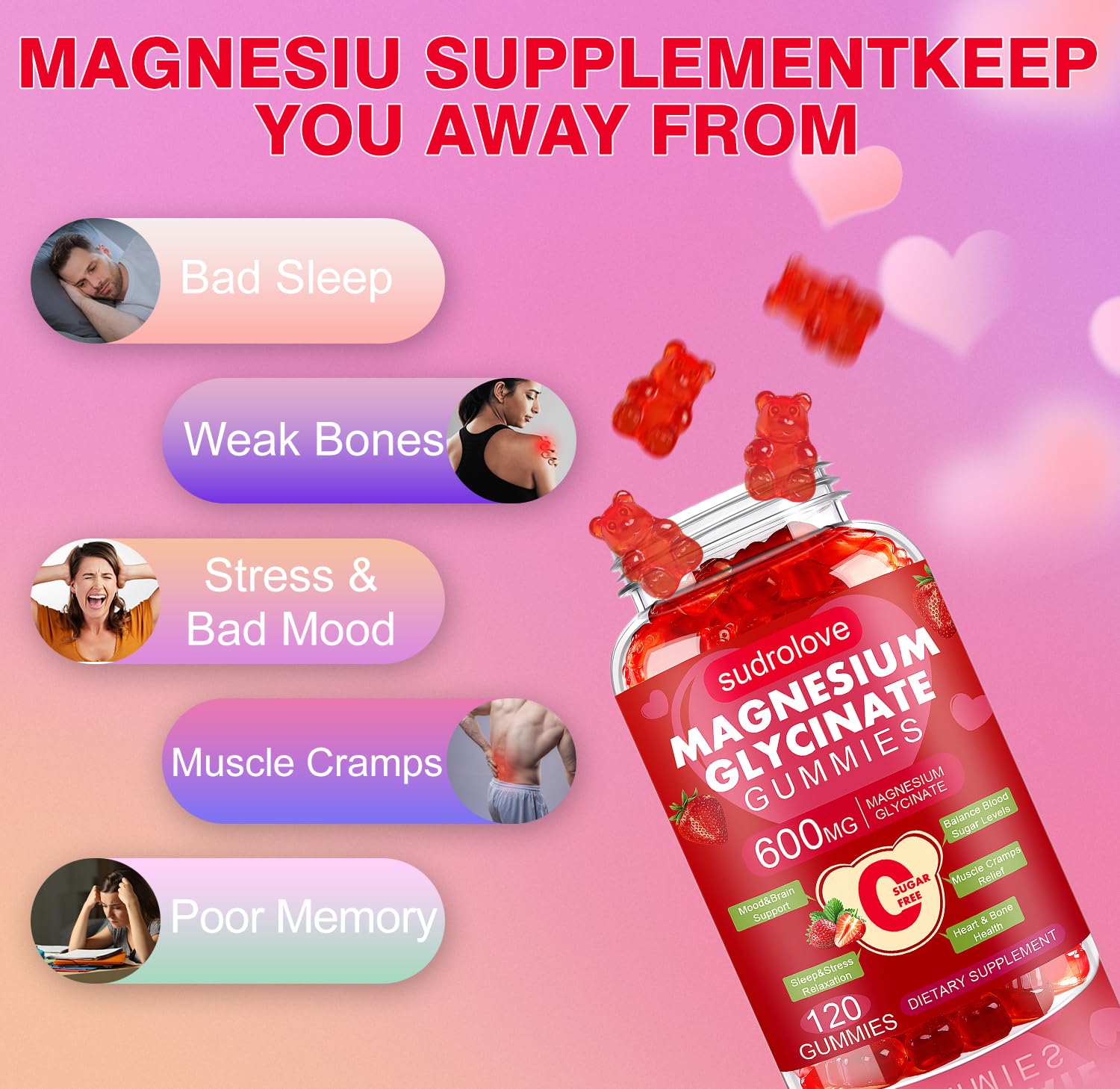 sudrolove Magnesium Glycinate Gummies 600mg strawberry flavour