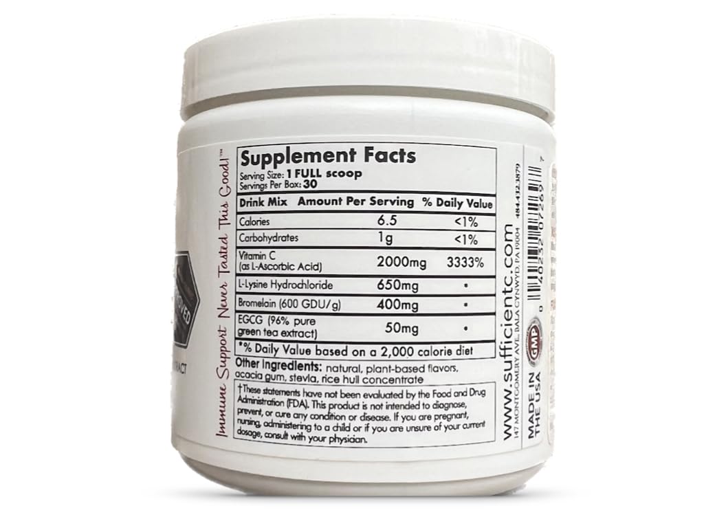 Sufficient-C L-Lysine Supplement back view showing ingredients