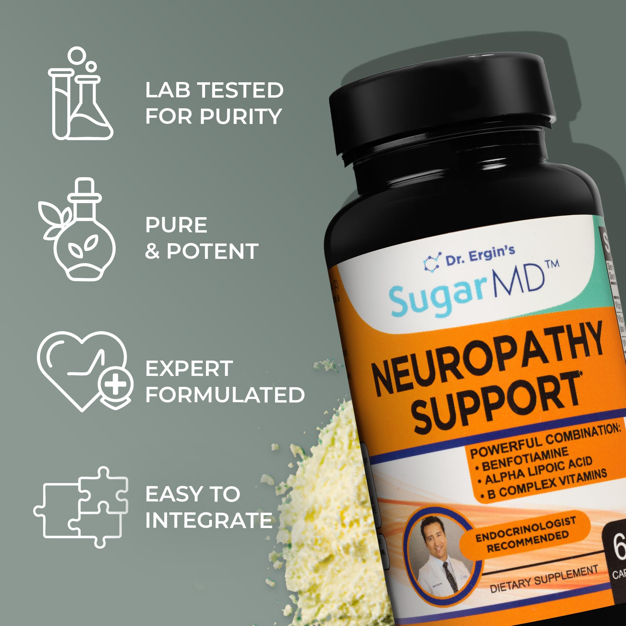 SugarMD Neuropathy Support Supplement bottle with a measuring spoon
