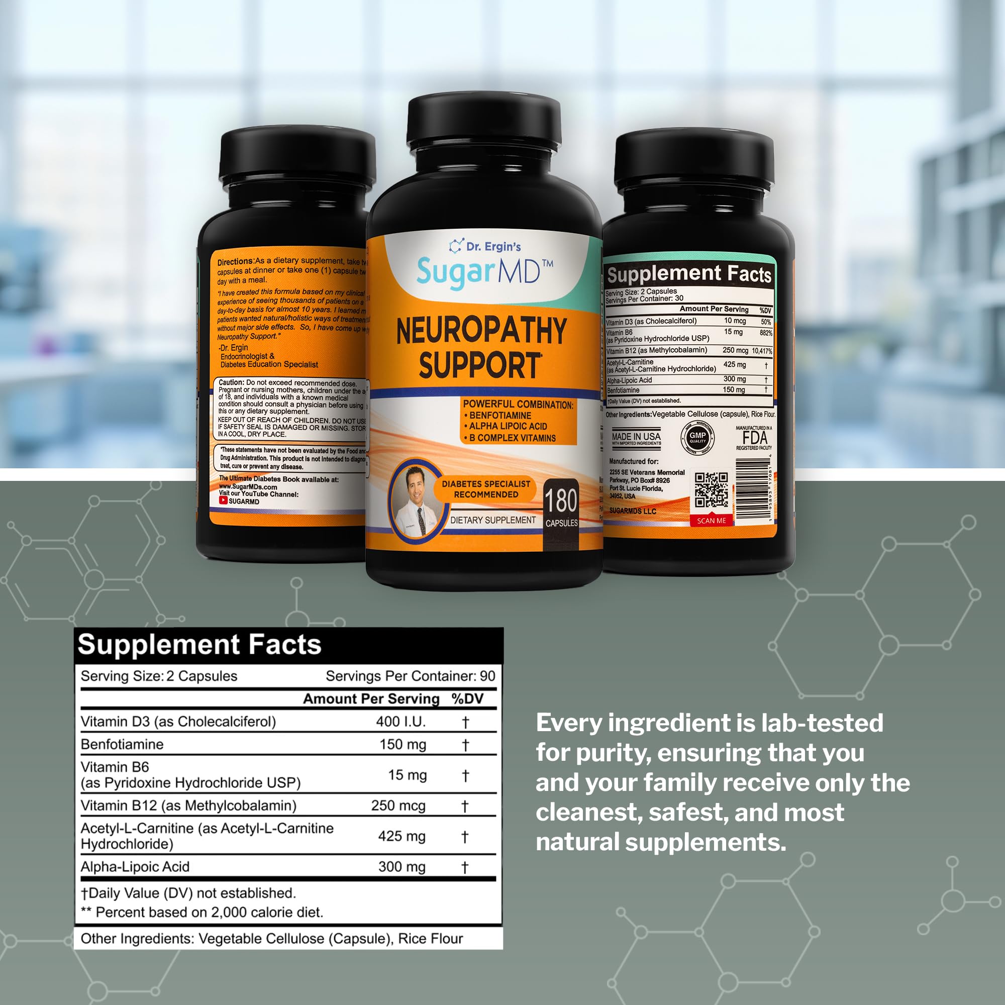 SugarMD Neuropathy Support Supplement on a wooden table