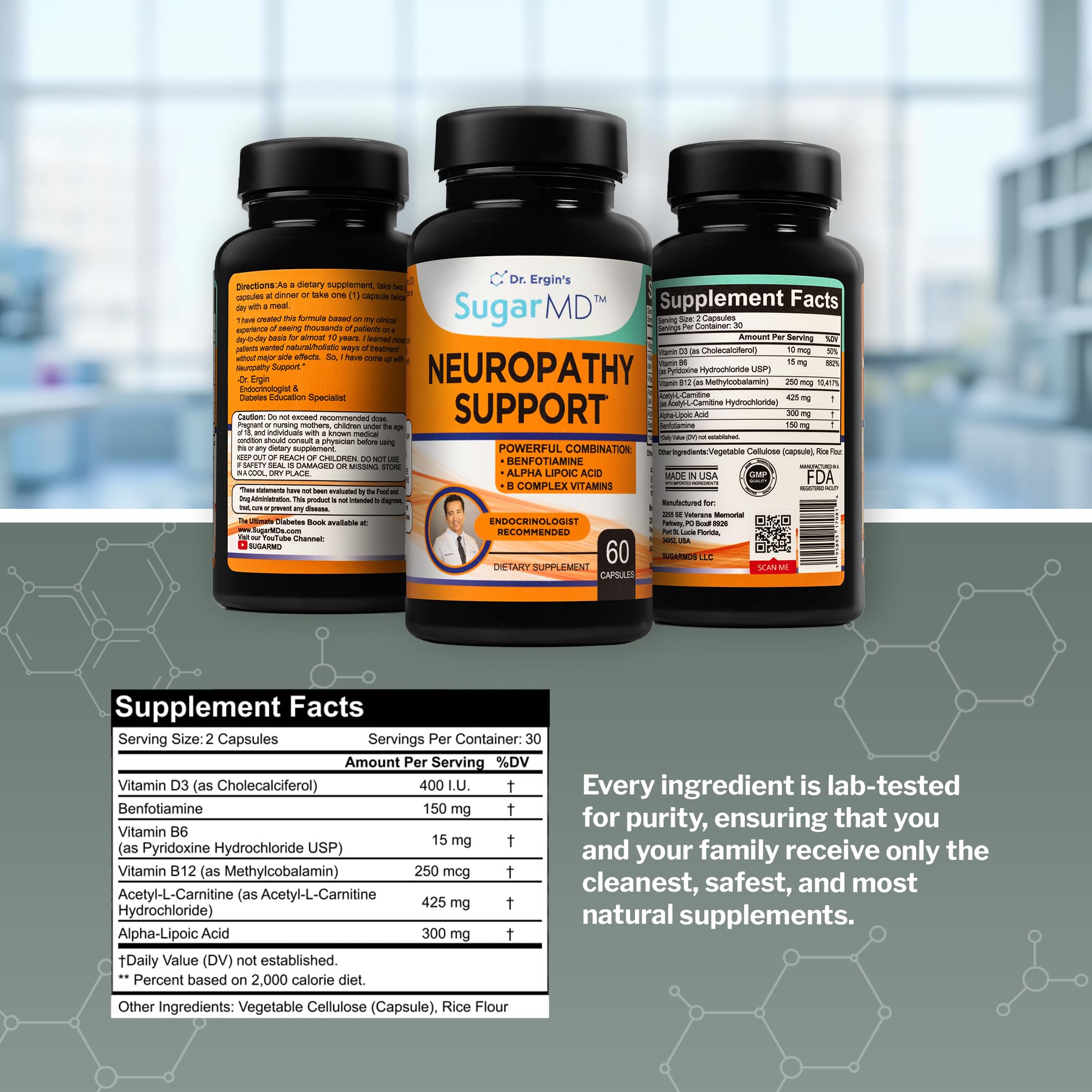 SugarMD Neuropathy Support Supplement with a glass of water