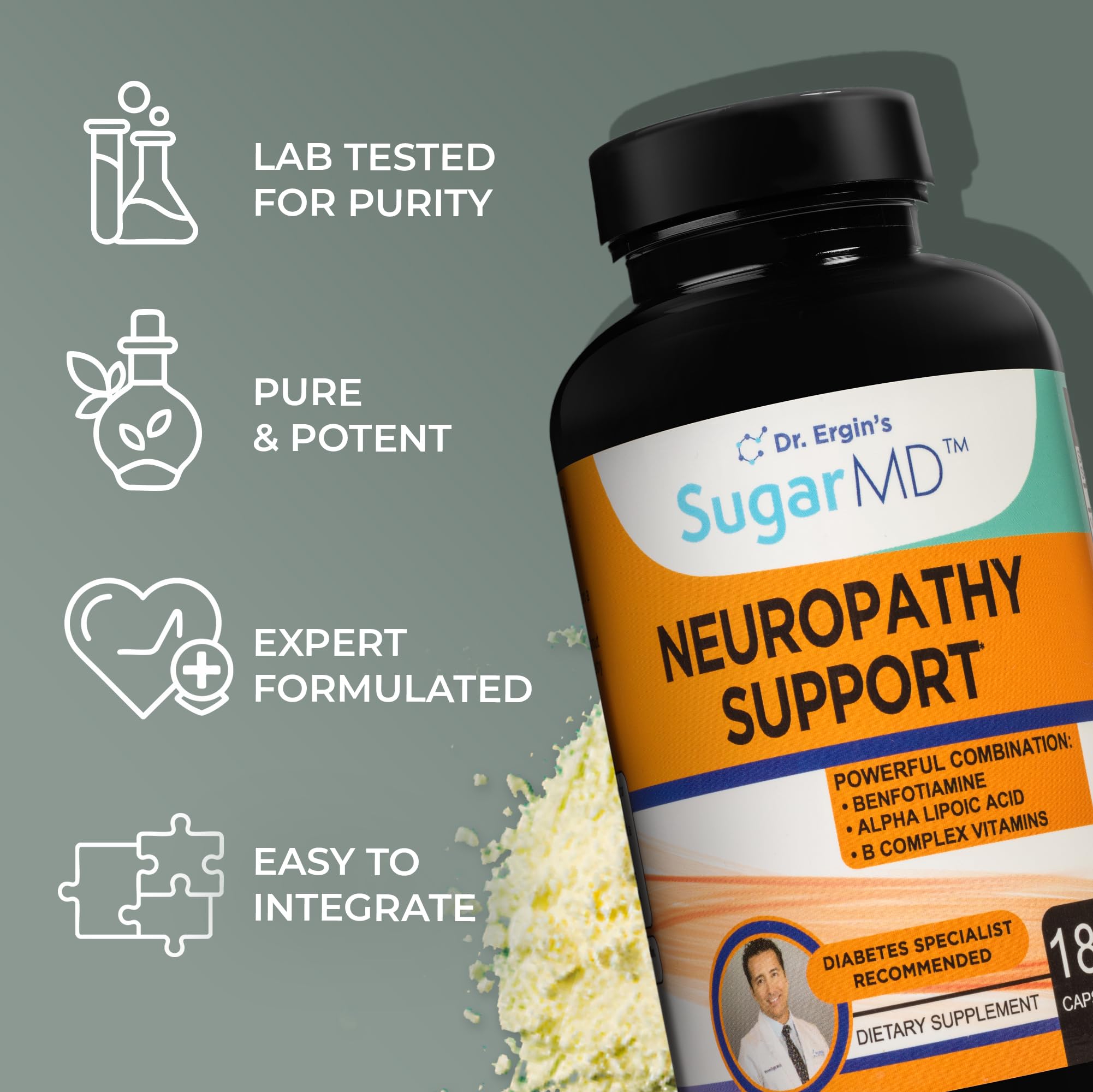 SugarMD Neuropathy Support Supplement with a glass of water