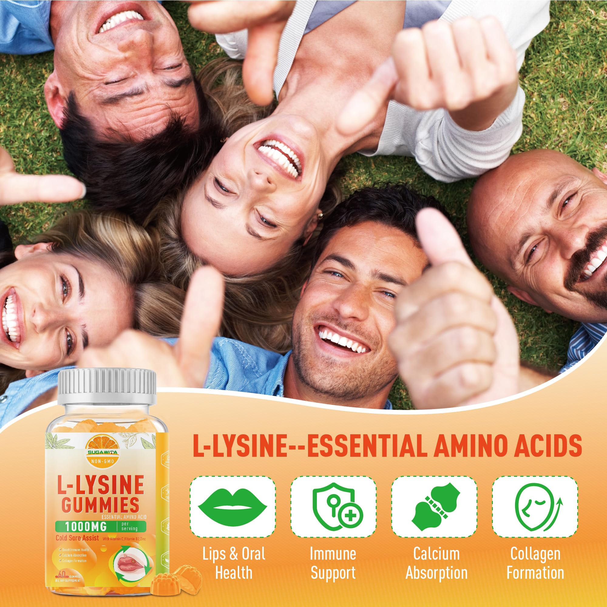 SUGAWITA L-Lysine Gummies bottle with a hand holding a gummy