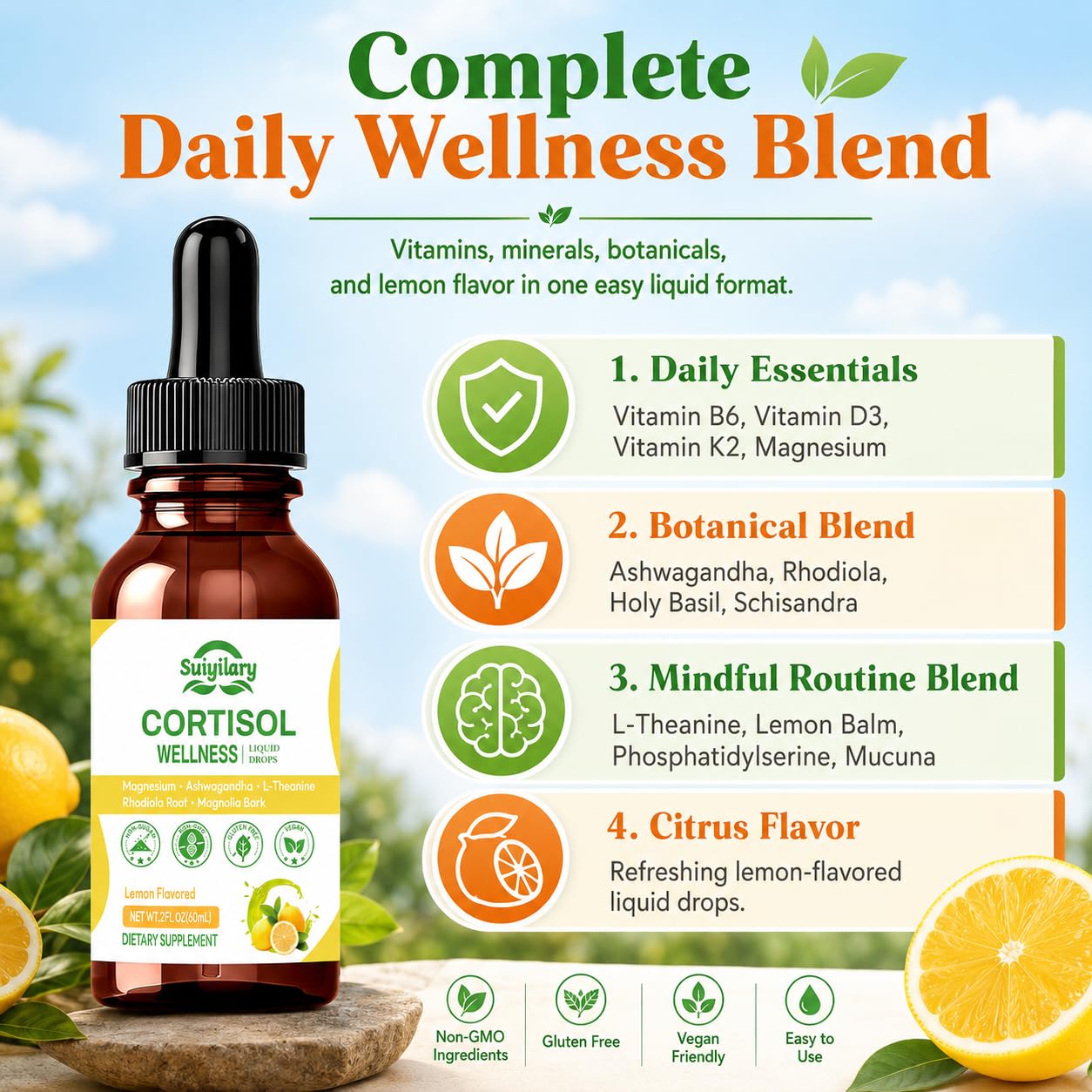 Suiyilary Ashwagandha Herbal Supplement packaging with ingredients list