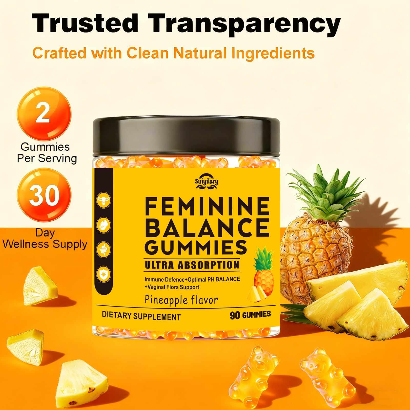 Suiyilary Feminine Balance Gummies with fresh pineapple