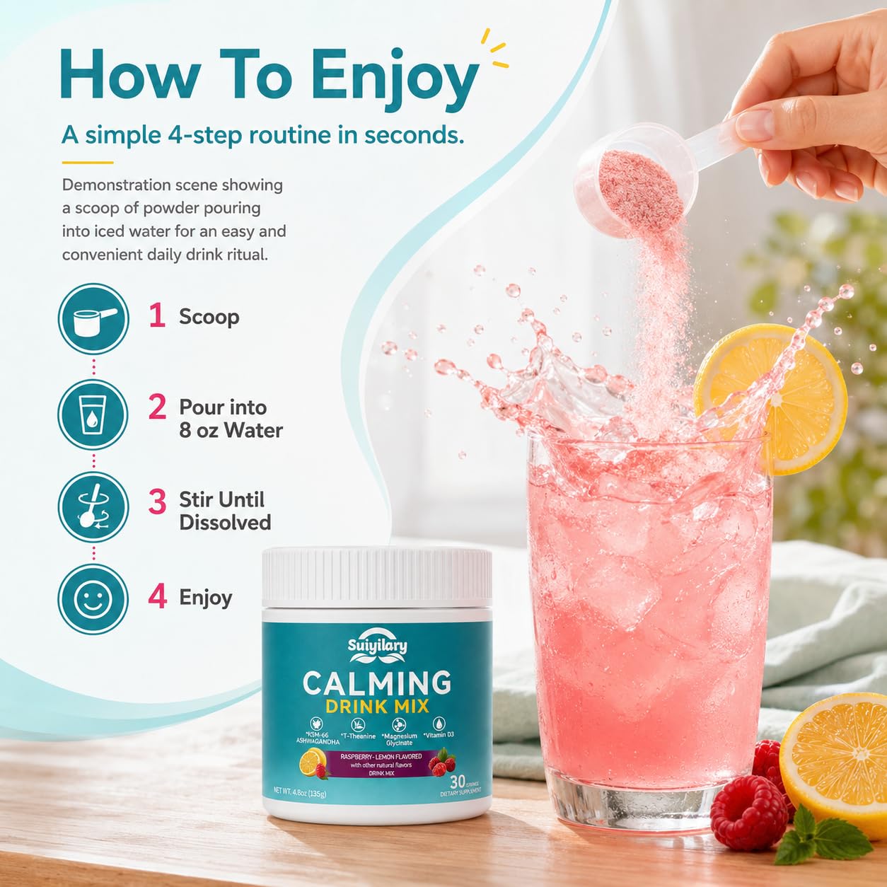 Suiyilary Magnesium Glycinate Powder Raspberry Lemonade lifestyle scene