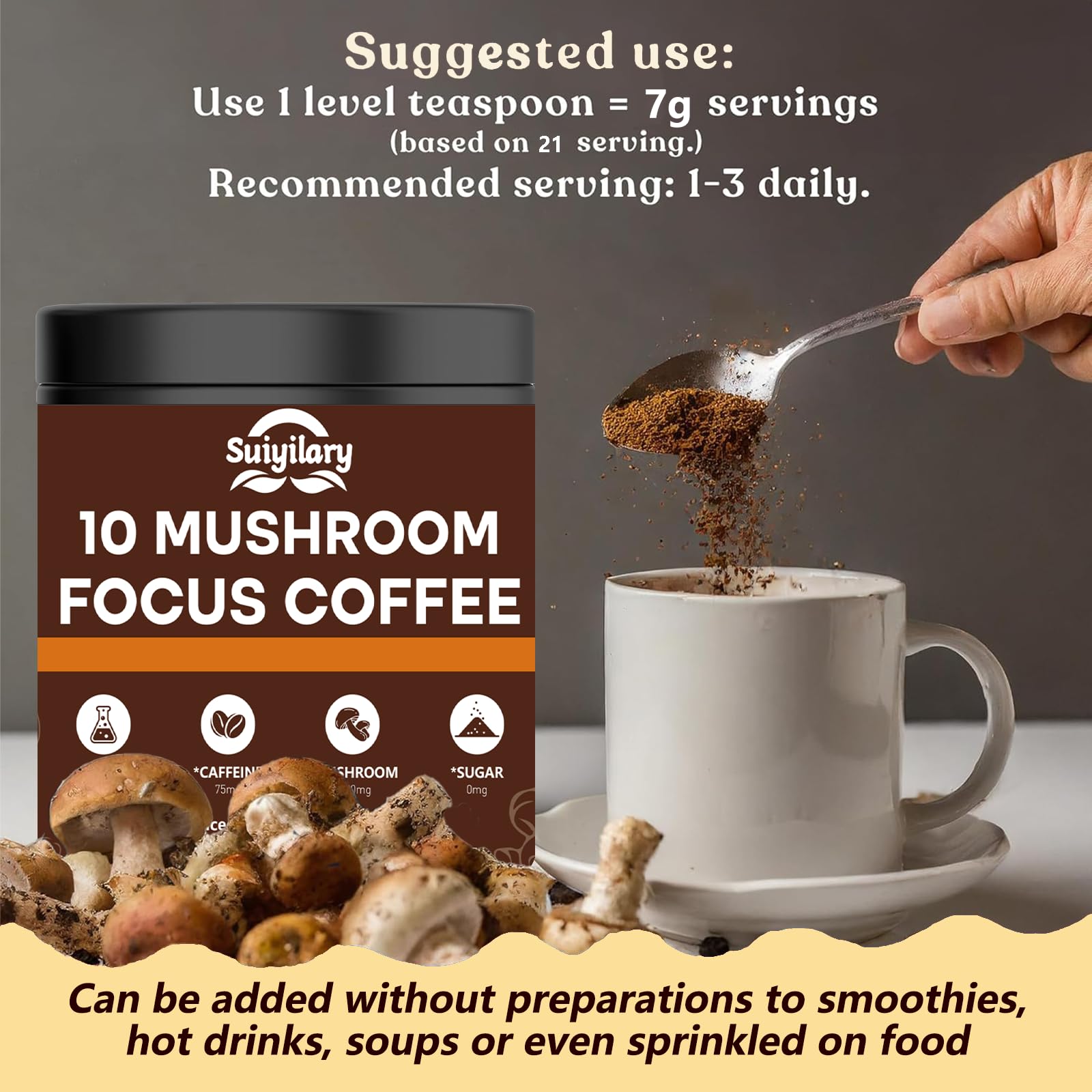 Suiyilary Mushroom Coffee Powder Blend serving suggestion