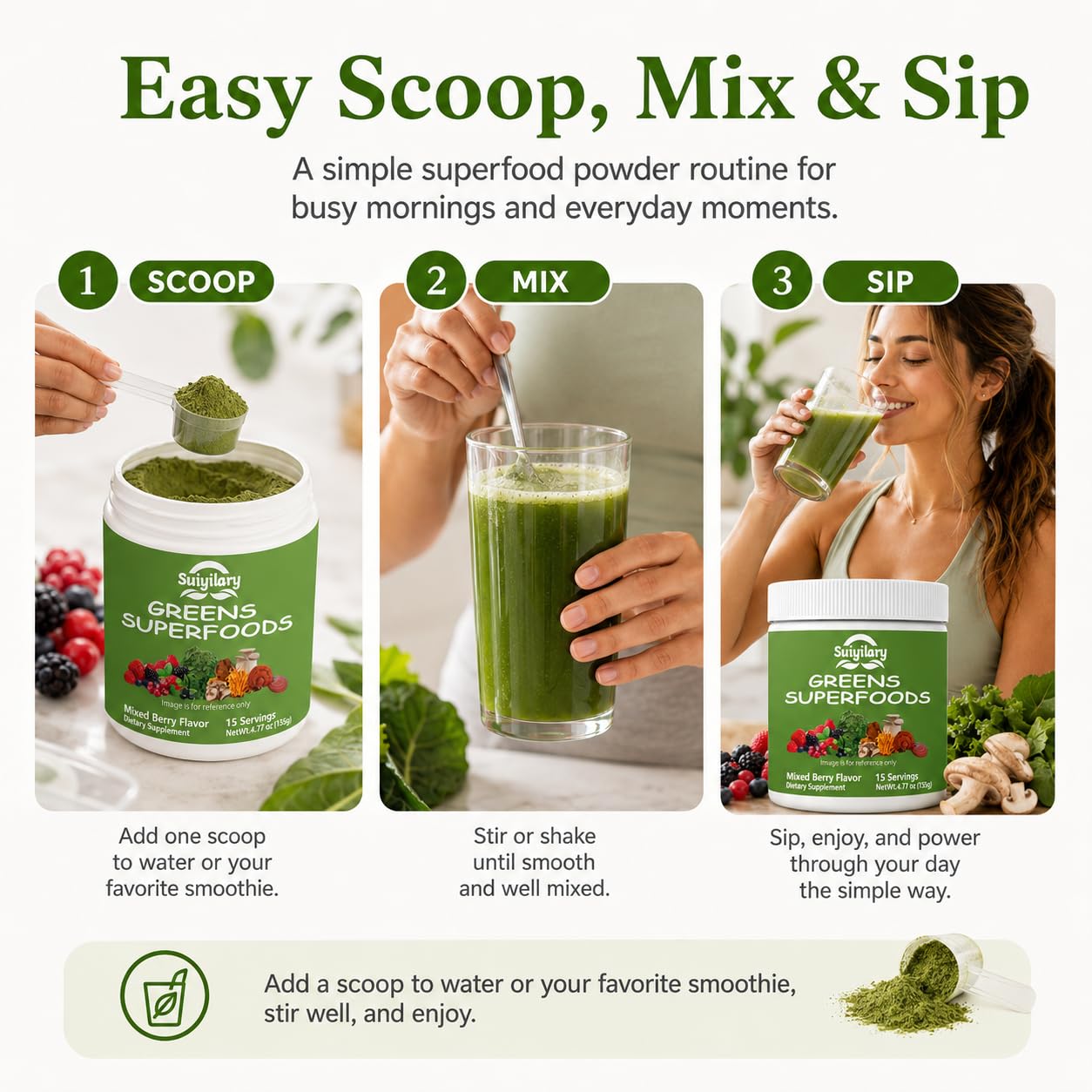 Suiyilary Spirulina Superfood Blend 191g in a glass of water