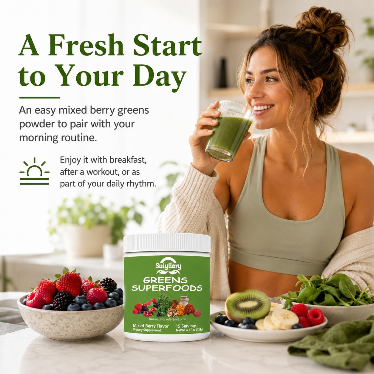 Suiyilary Spirulina Superfood Blend 191g with measuring scoop