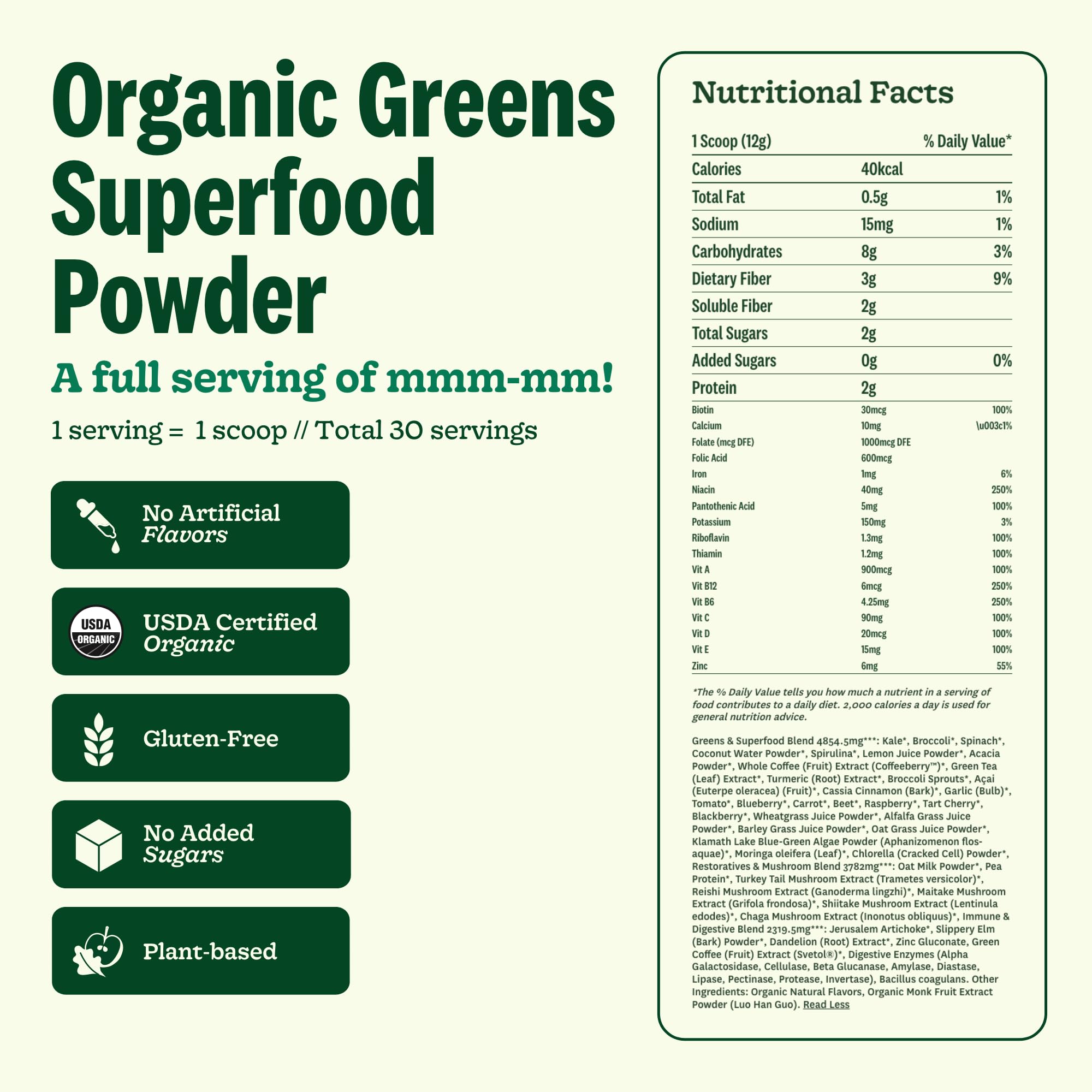 Suja Organic Greens Powder with fresh vegetables