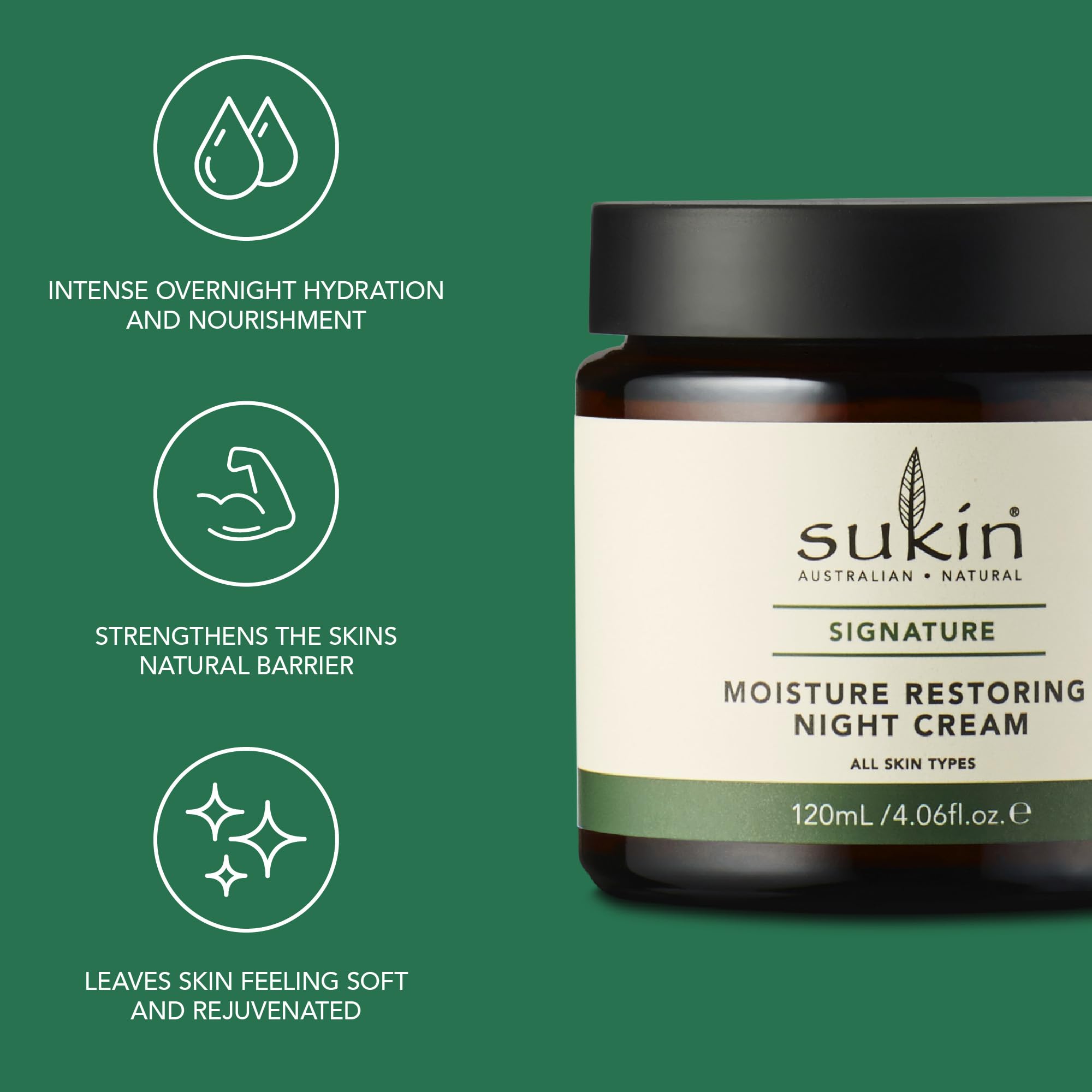 Sukin Signature Moisture Restoring Night Cream in a bathroom setting