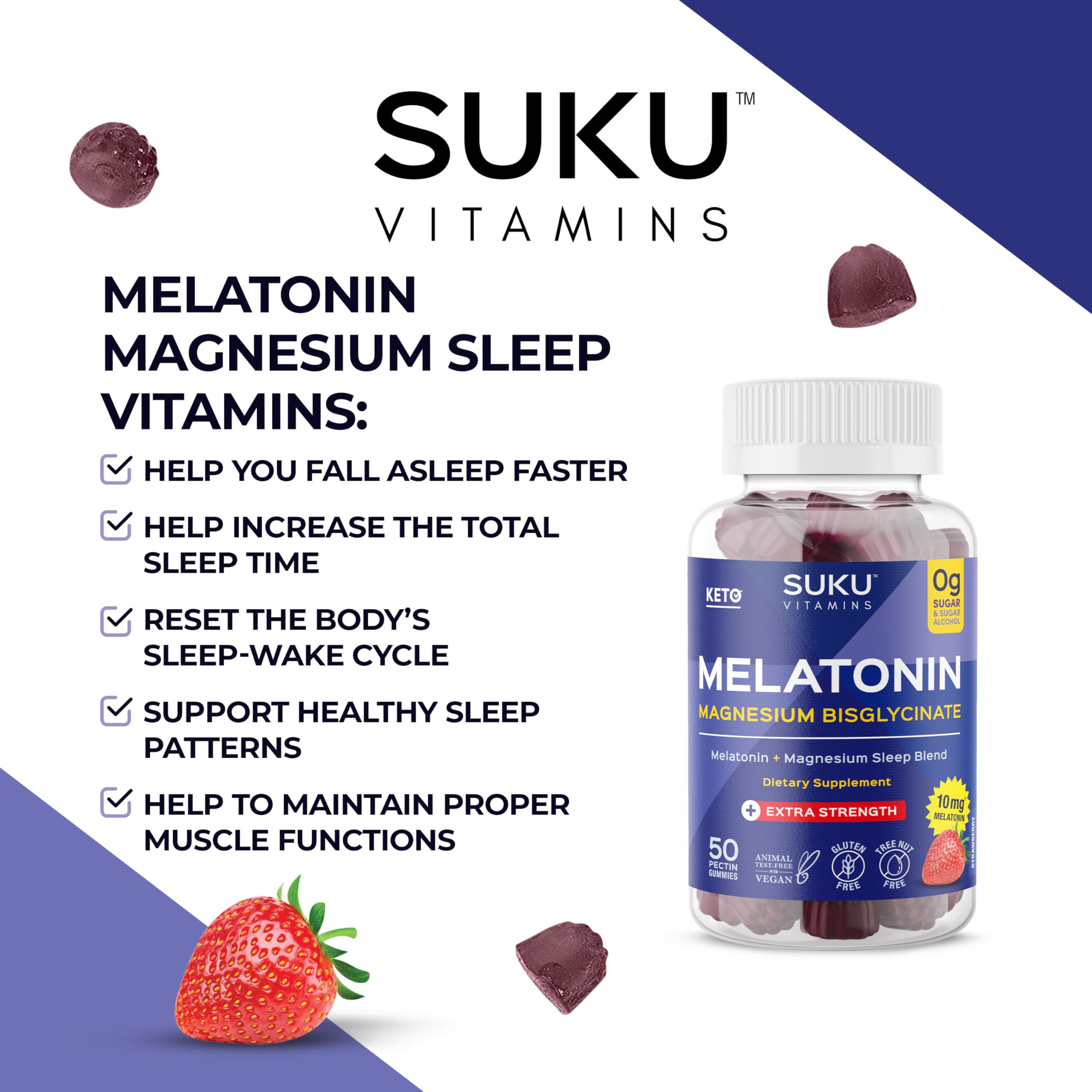 SUKU Melatonin Magnesium Gummies in a hand for size reference