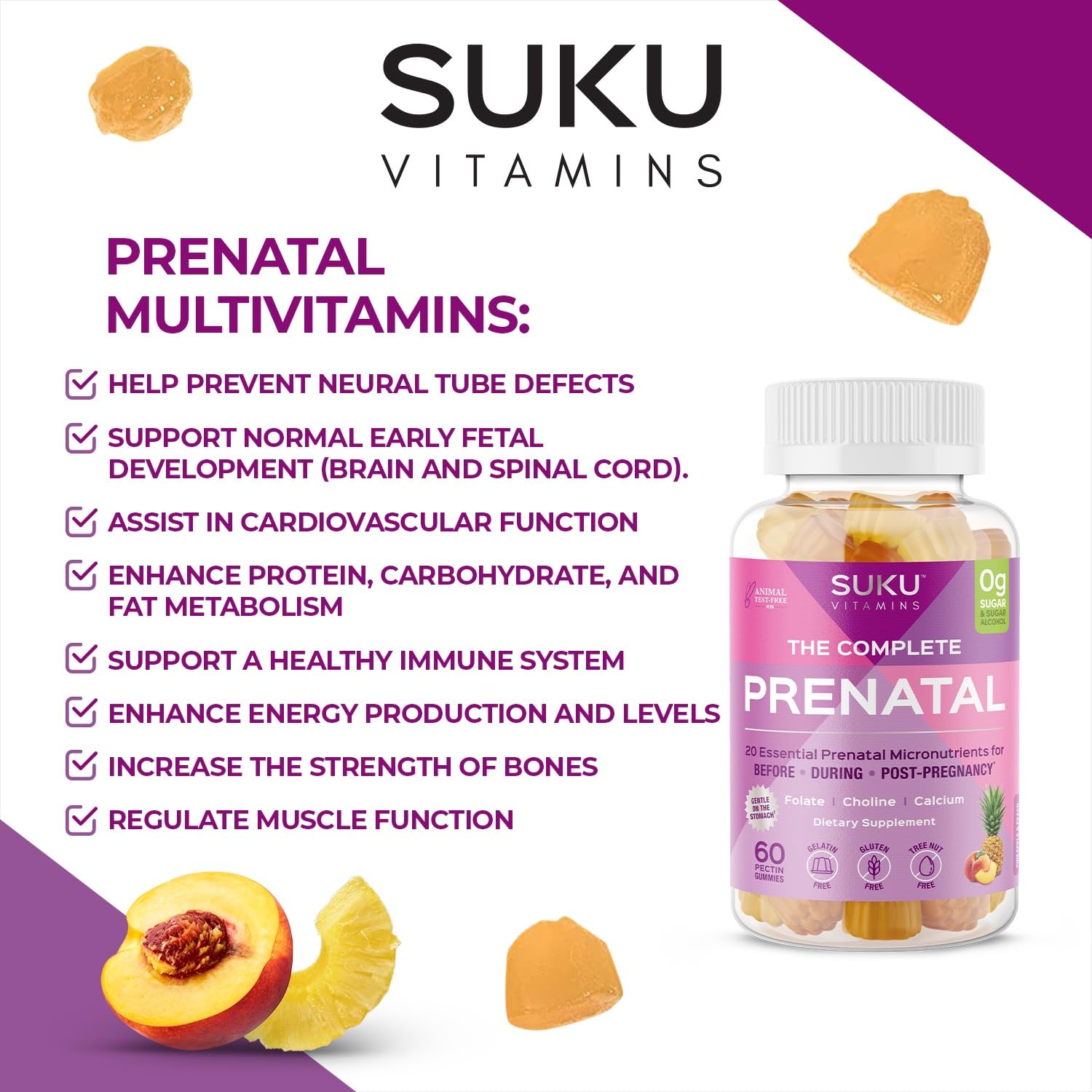 SUKU Prenatal Vitamins Gummies displayed with a measuring spoon