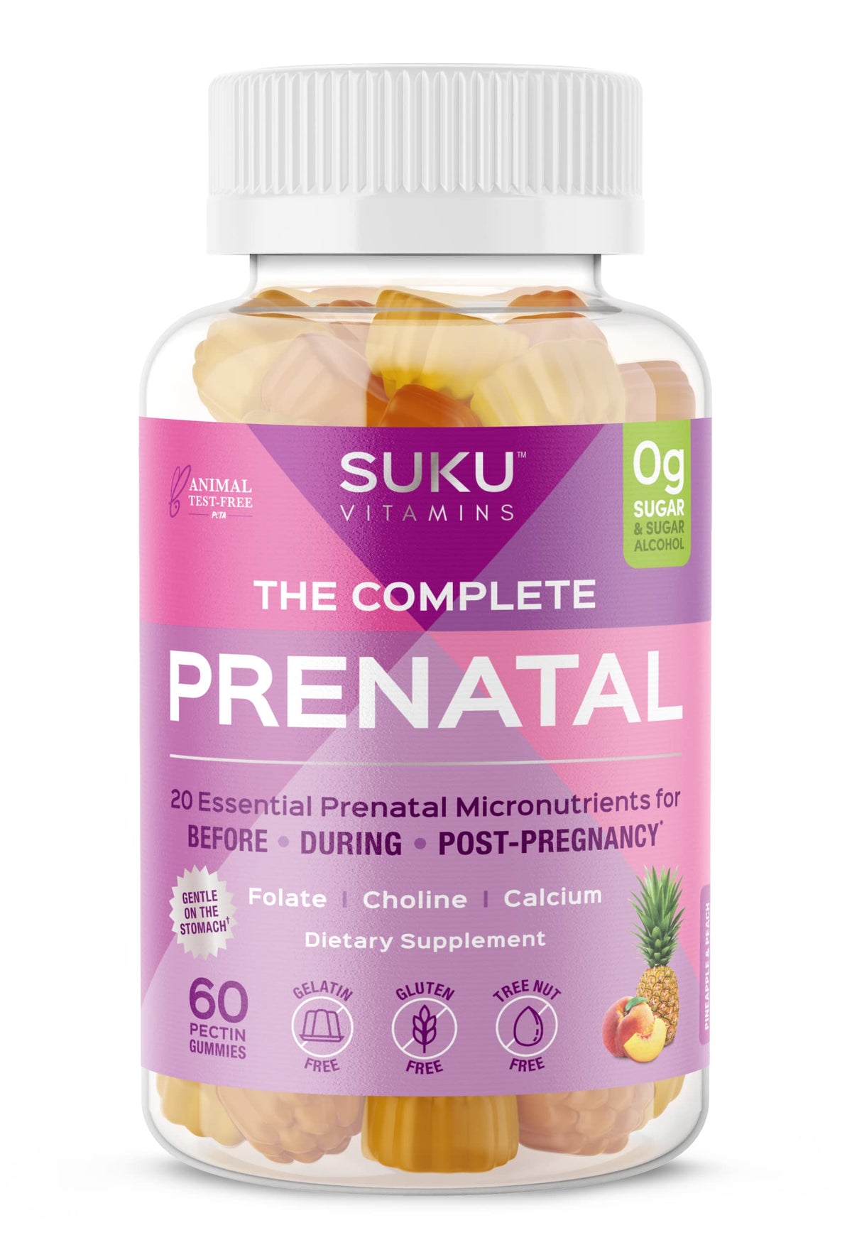 SUKU Prenatal Vitamins Gummies front view with pineapple peach flavour