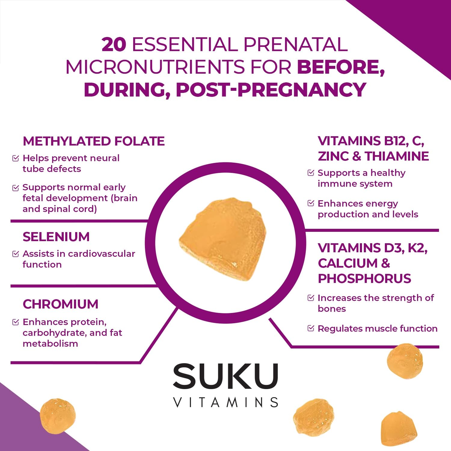 SUKU Prenatal Vitamins Gummies with fresh pineapple and peach