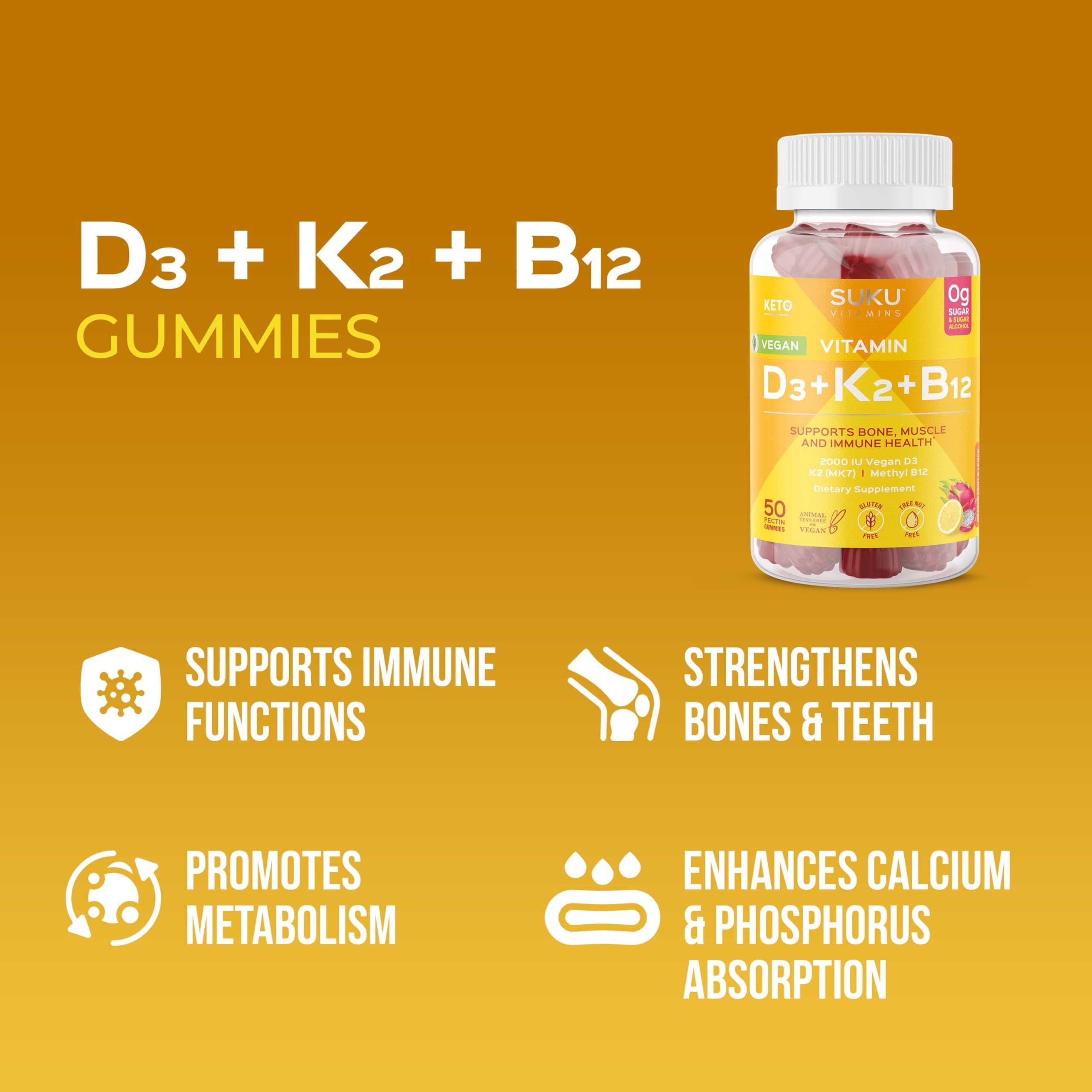 SUKU Vitamin D3 + K2 + B12 Gummies back view with ingredients