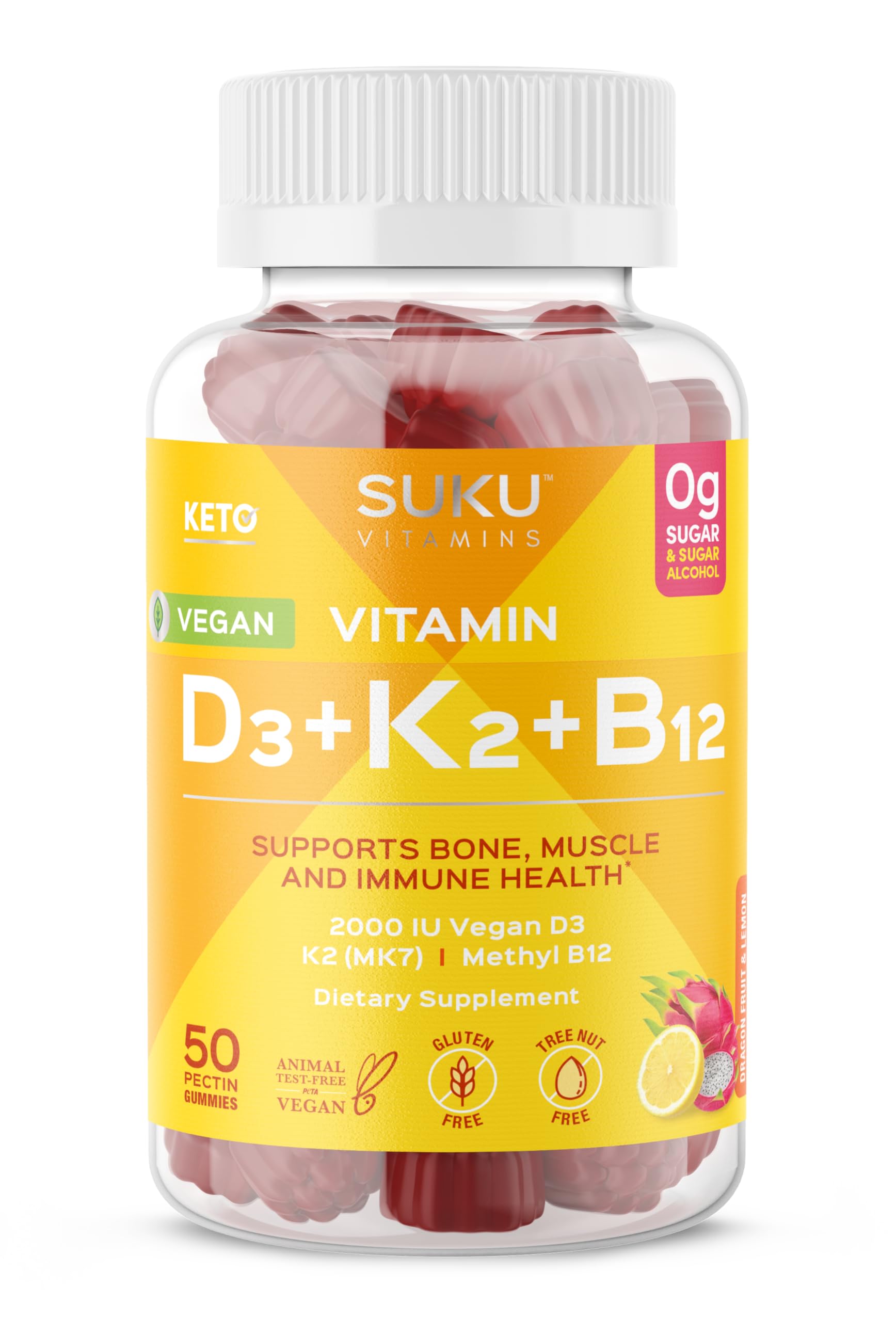 SUKU Vitamin D3 + K2 + B12 Gummies front view with packaging