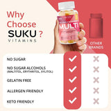 SUKU Women's Multivitamin Gummies displayed on a wooden table