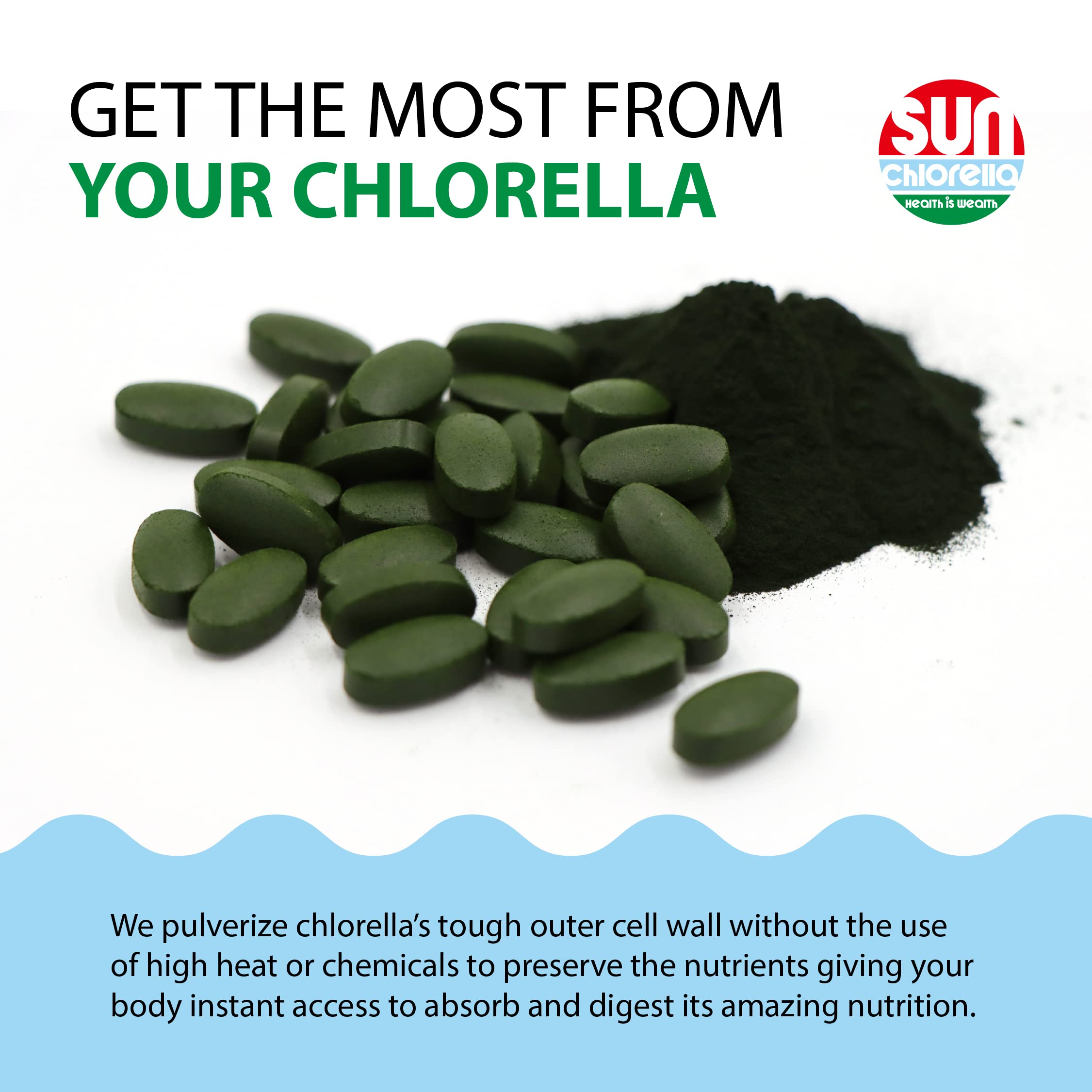 Sun Chlorella Chlorella Tablets on a wooden table