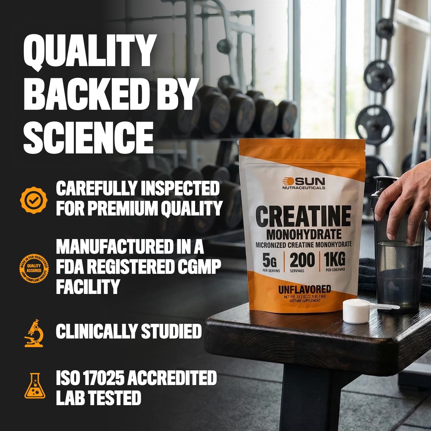 Sun Nutraceuticals Creatine Monohydrate Powder 1kg on a gym bench