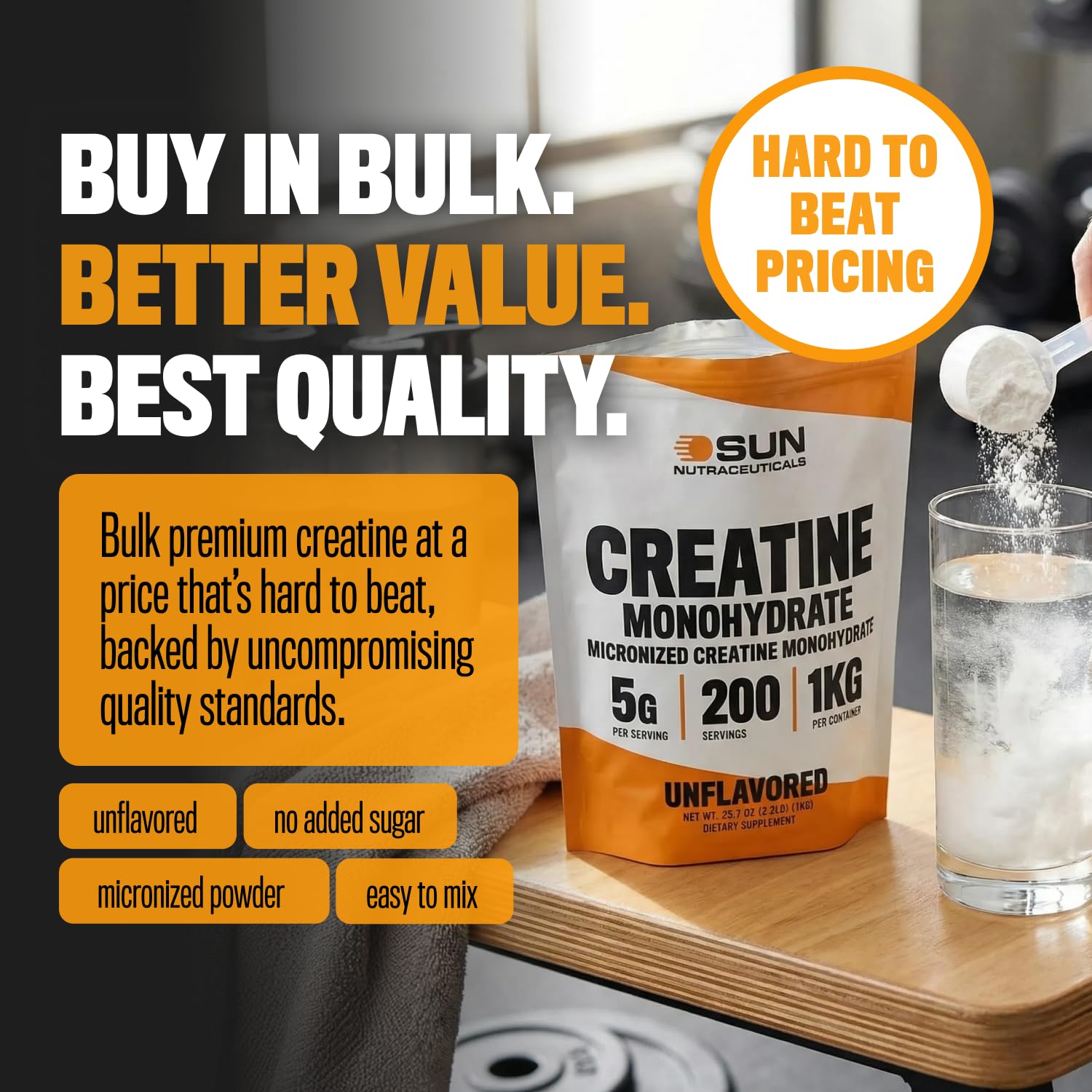 Sun Nutraceuticals Creatine Monohydrate Powder 1kg packaging details