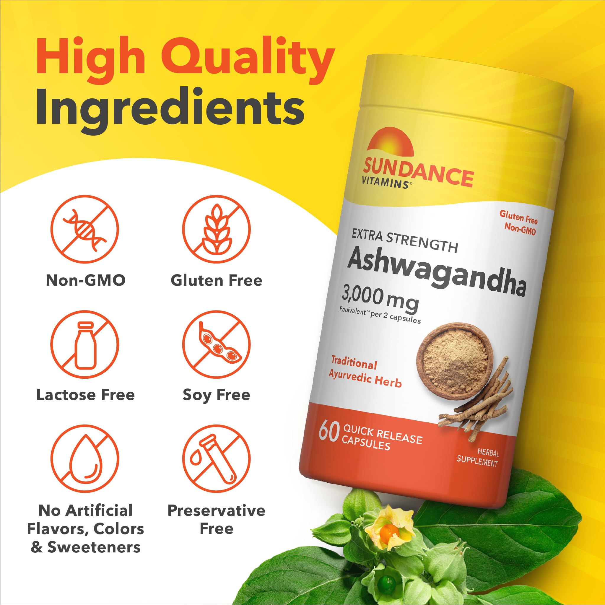 Sundance Ashwagandha Capsules back view with ingredient list