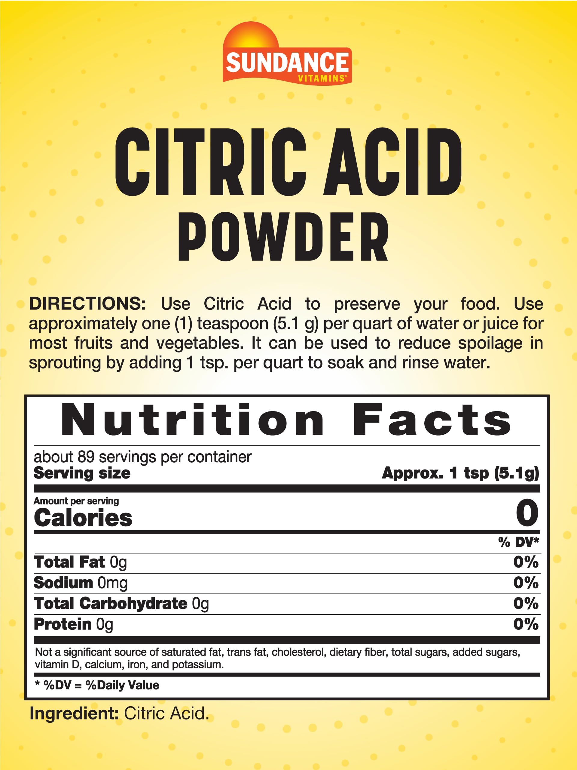 Sundance Citric Acid Powder 512g back view with ingredient list
