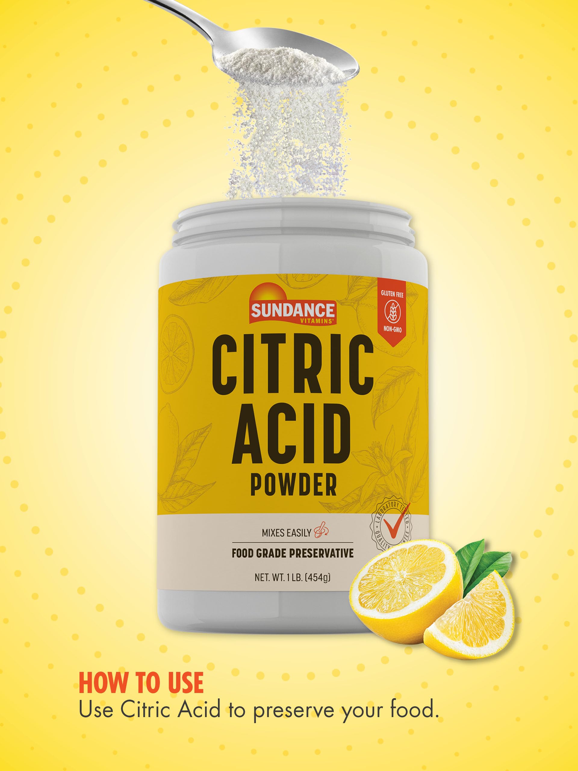 Sundance Citric Acid Powder 512g in a kitchen setting with canning jars