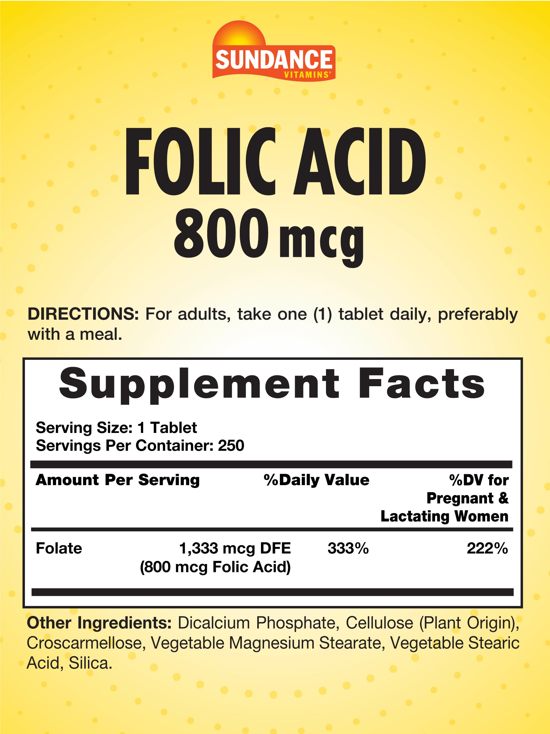 Sundance Folic Acid supplement side view showing tablet details