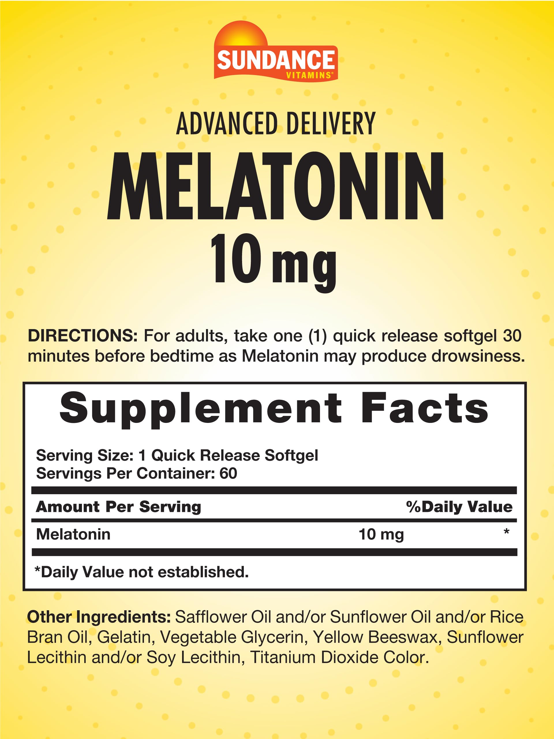 Sundance Melatonin 10mg Softgels back view showing ingredients